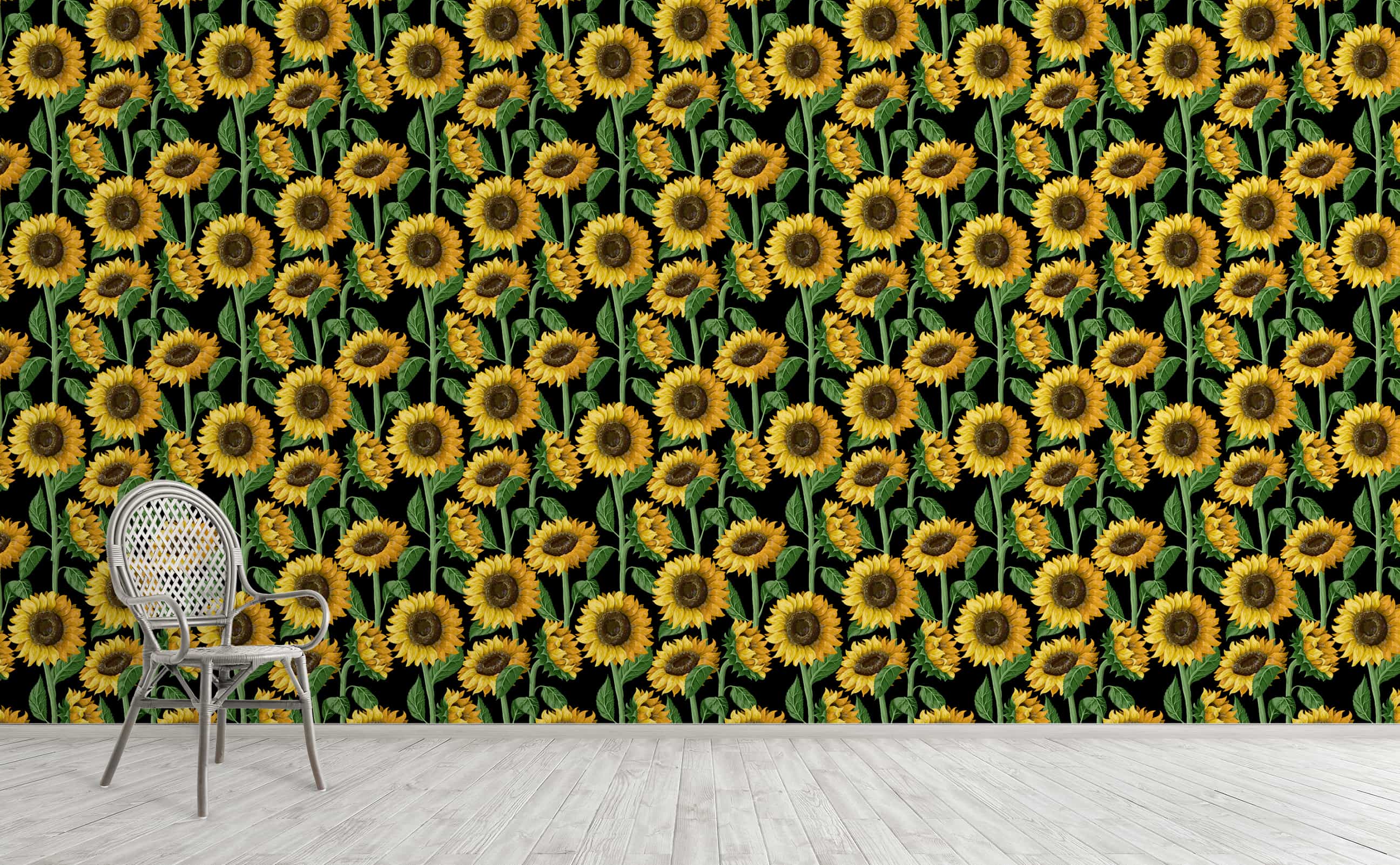 Full Color Sunflower Seamless Black Background Wallpaper For Walls