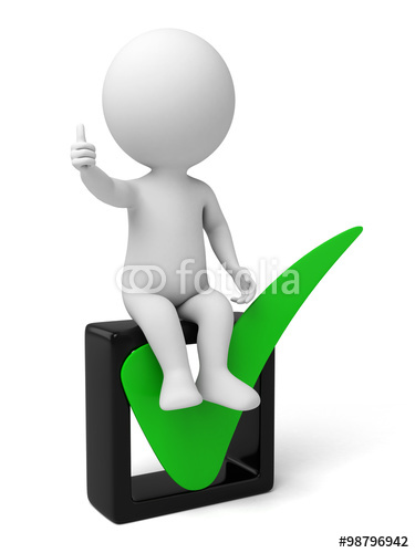 3d Small Person Sitting On A Big Check Mark Image Isolated White