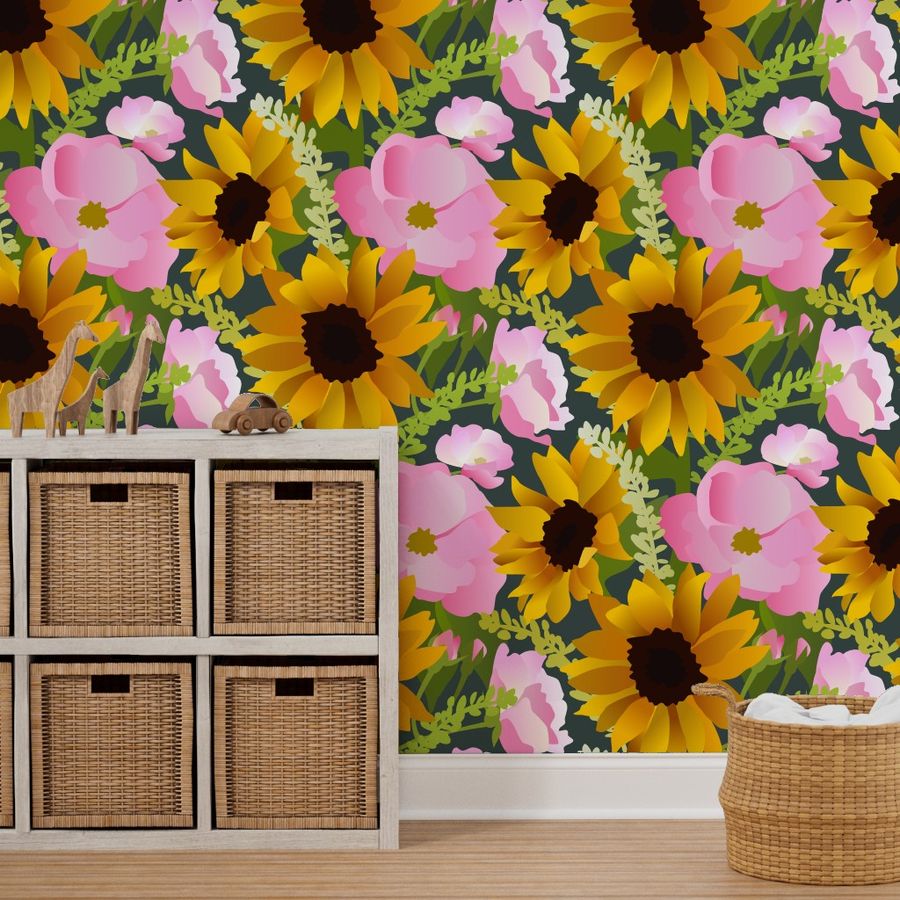 Sunflowers And Pink Roses Wallpaper