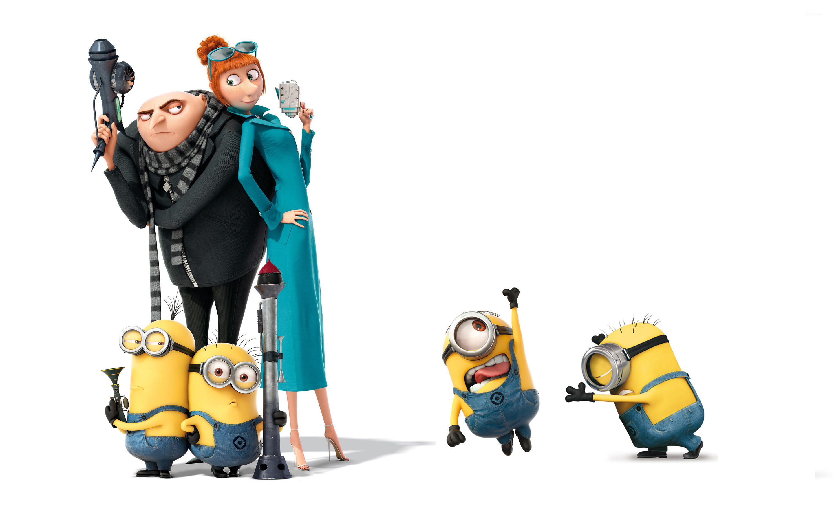 Despicable Me characters Gru, Lucy, and Minions on a white background