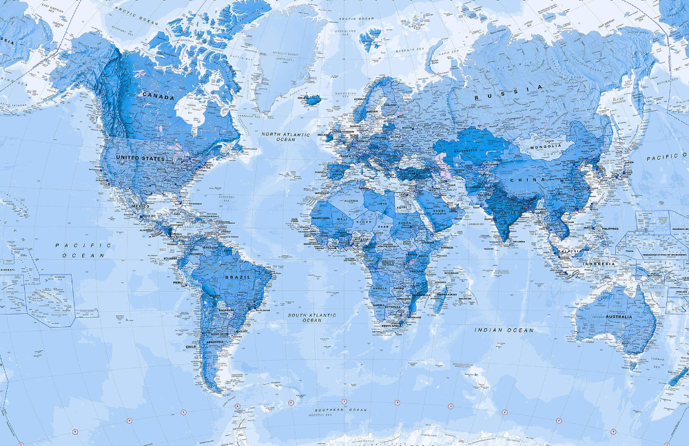 Shaded Ocean Blue Political Map Wallpaper Mural Hovia World
