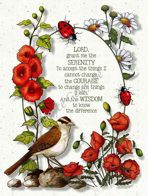 Serenity Prayer Original Art Bird Flowers Ladybugs Instant