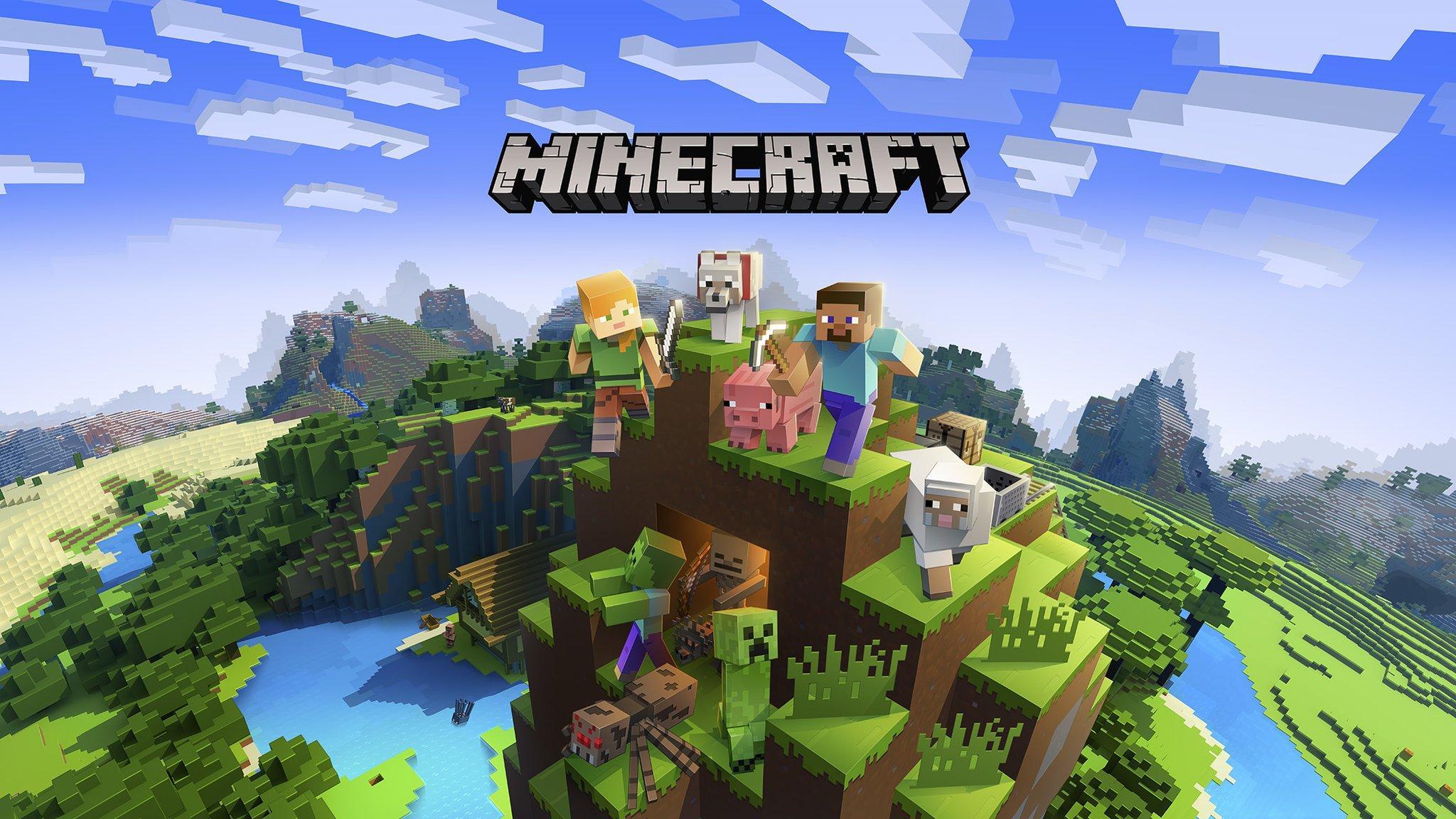 A vibrant Minecraft landscape featuring iconic characters like Steve, Alex, a wolf, a pig, and a sheep on a grassy hill, with a creeper and a spider lurking below, showcasing the game's blocky, pixelated style and adventurous spirit