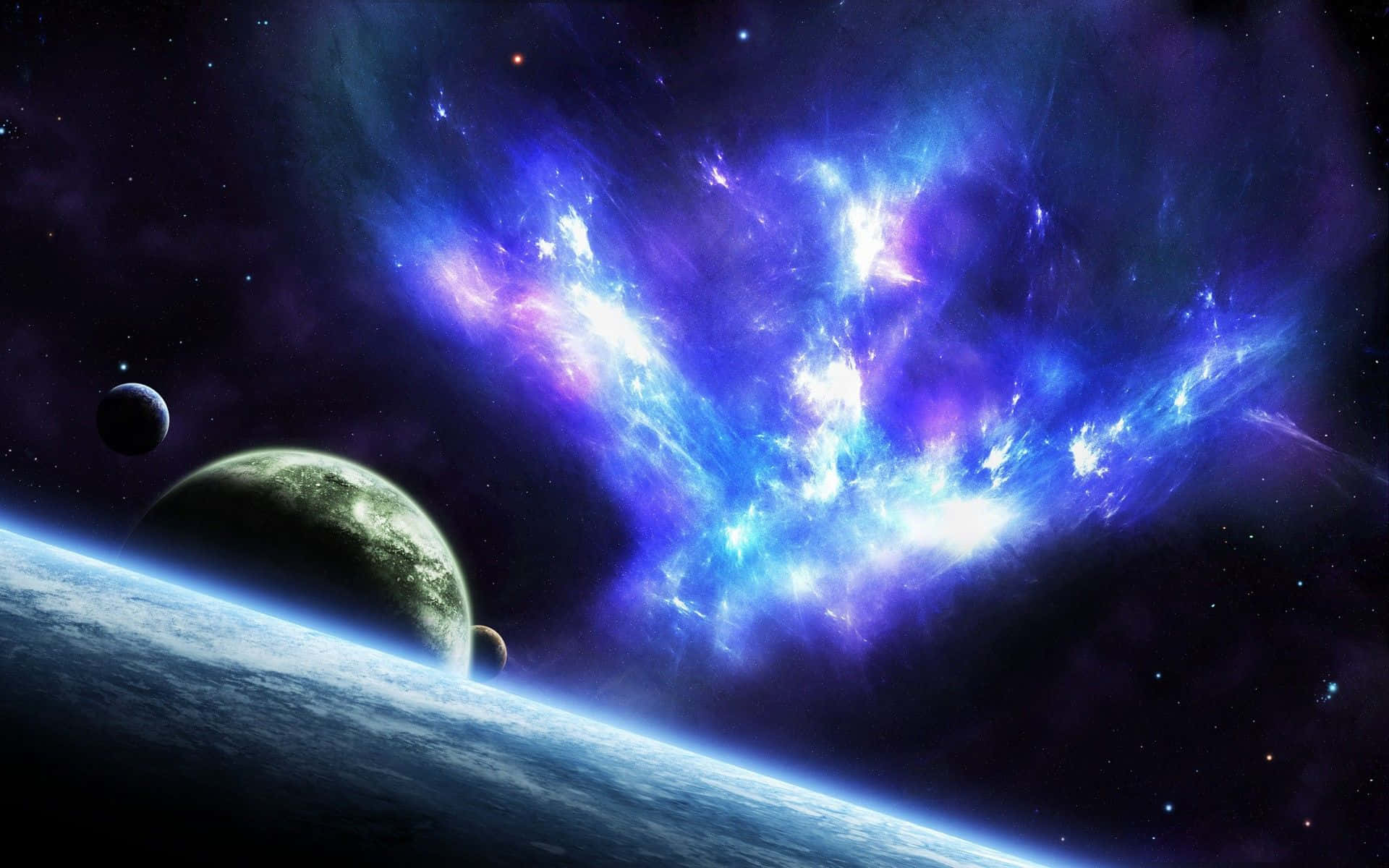 A captivating view of outer space featuring a vibrant nebula, planets, and distant stars