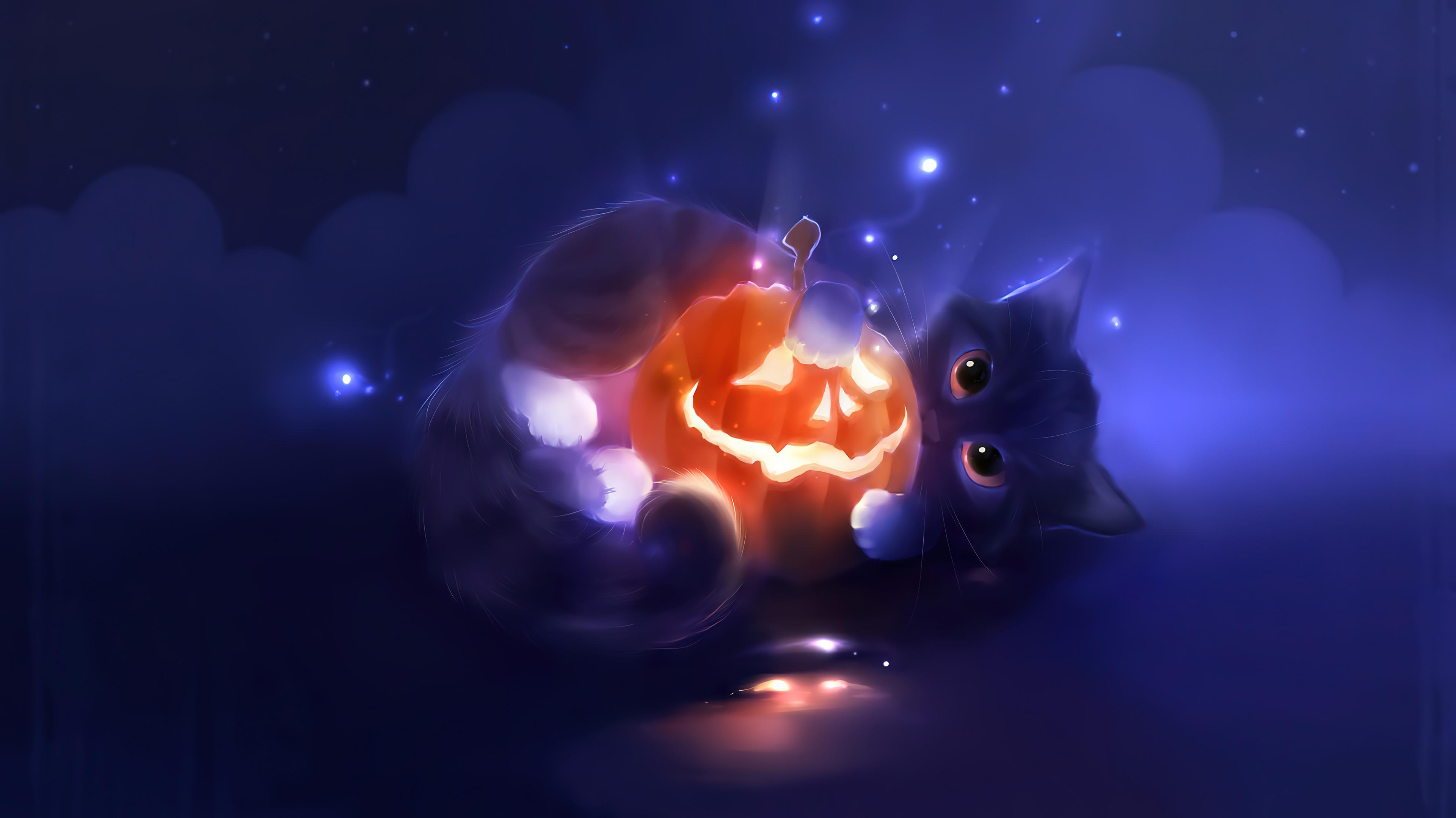 Halloween Cute Cat Pumpkin Art 4K Wallpaper iPhone HD Phone 3630h