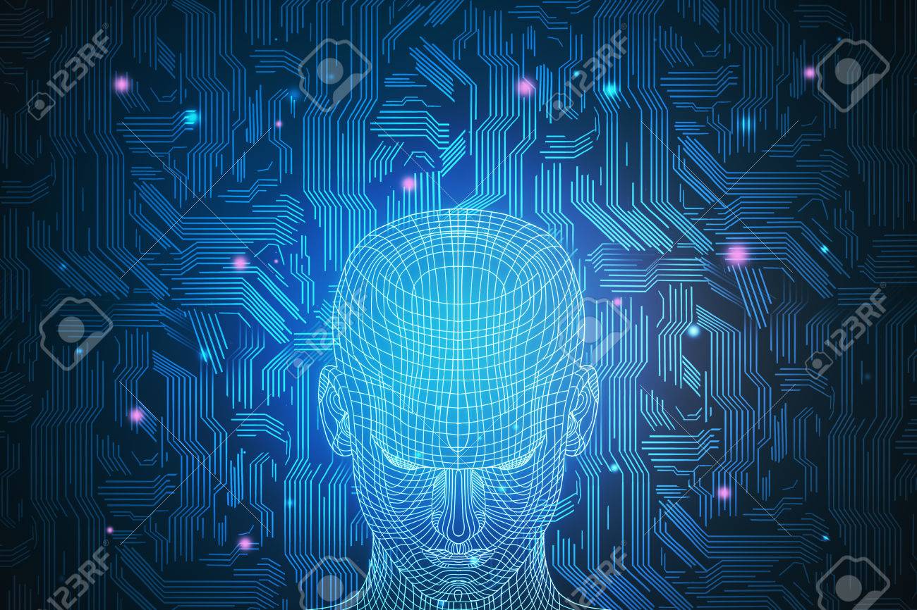 Abstract Mesh Head On Blue Motherboard Background Technology