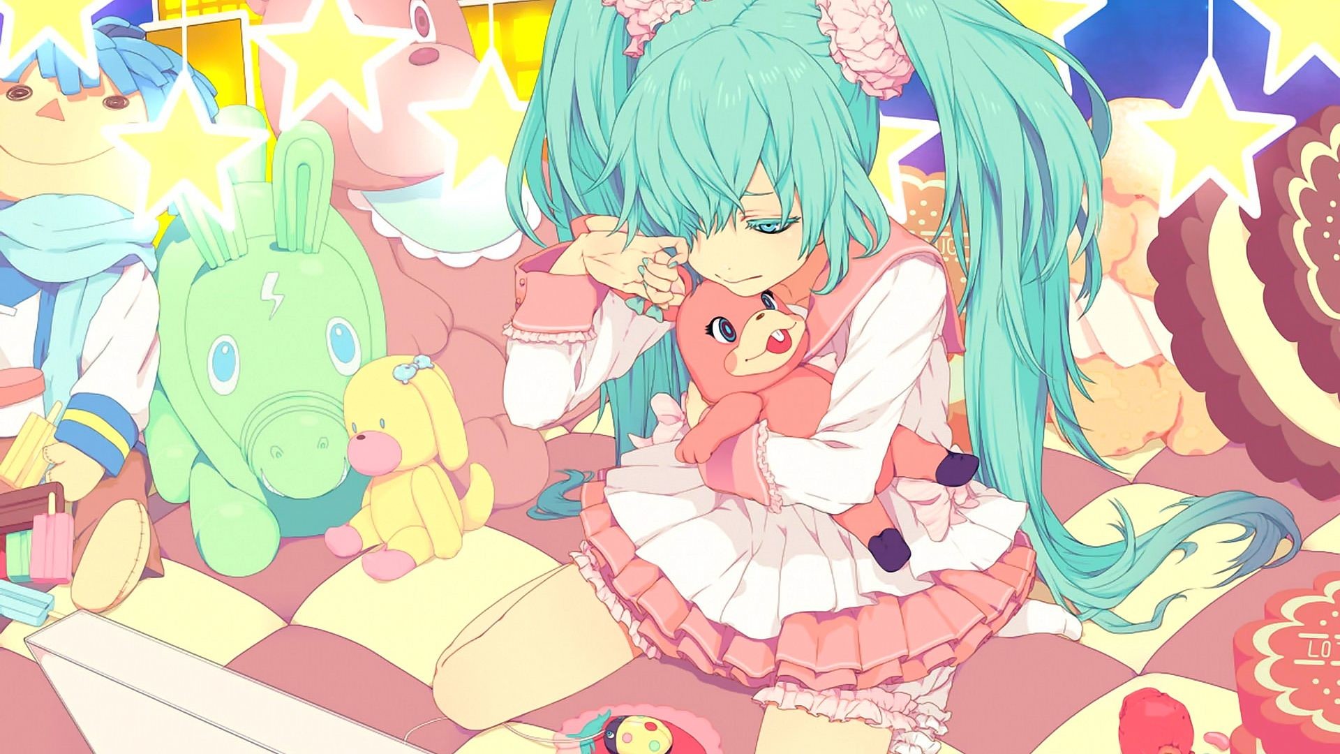 Cute anime girl with teal hair and pink dress surrounded by plushies and sweets