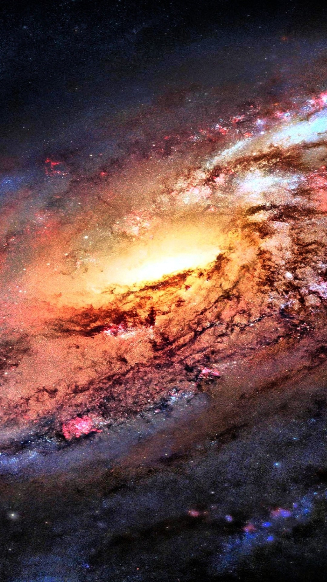 A breathtaking view of a spiral galaxy, showcasing vibrant colors and intricate dust lanes. Perfect for an iPhone wallpaper