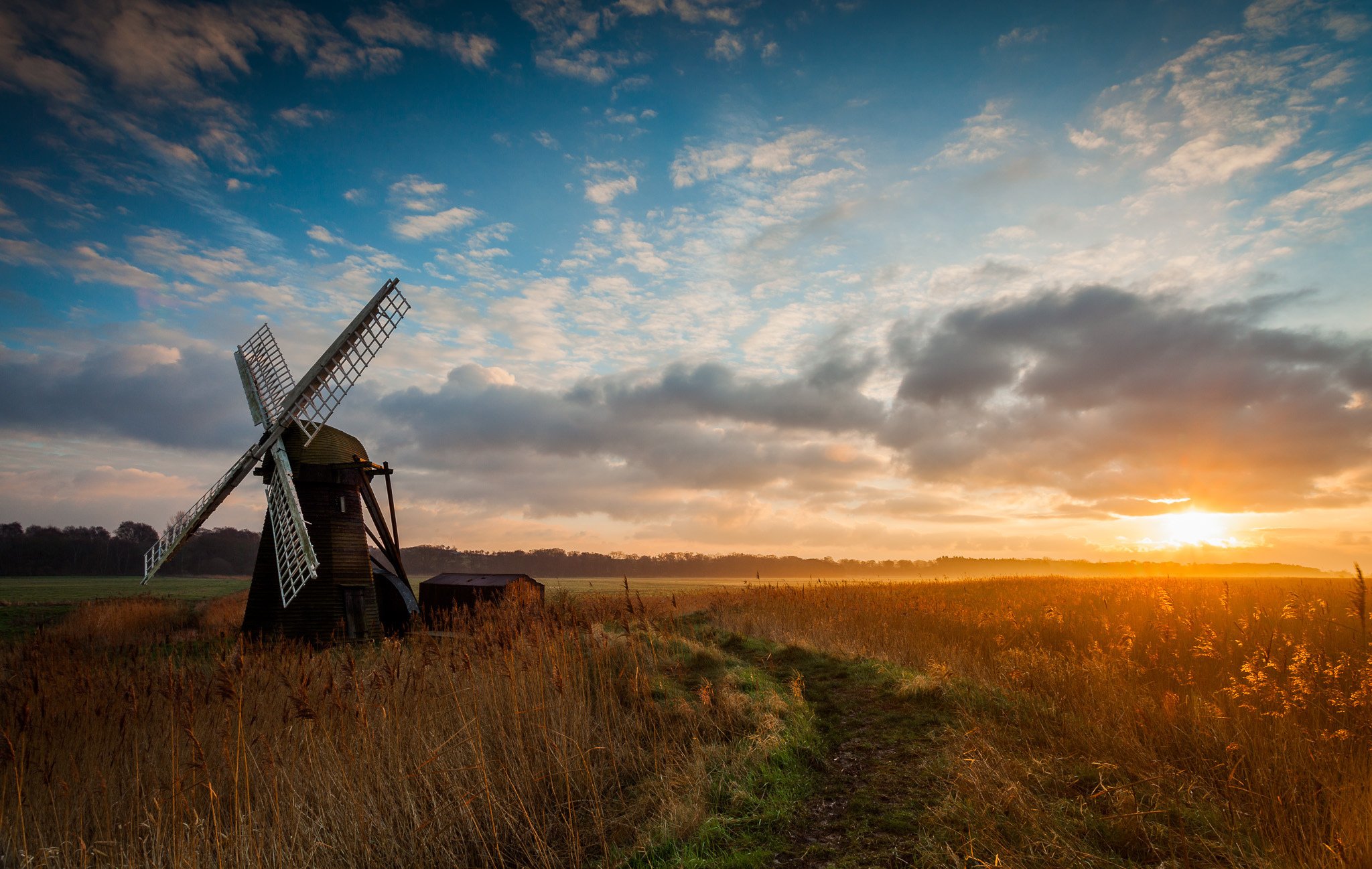 Field Morning Sunrise Mill Windmill Wallpaper