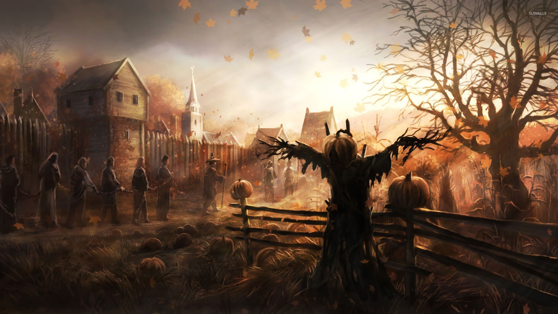 Chained Slaves Walking Past The Scarecrow Wallpaper