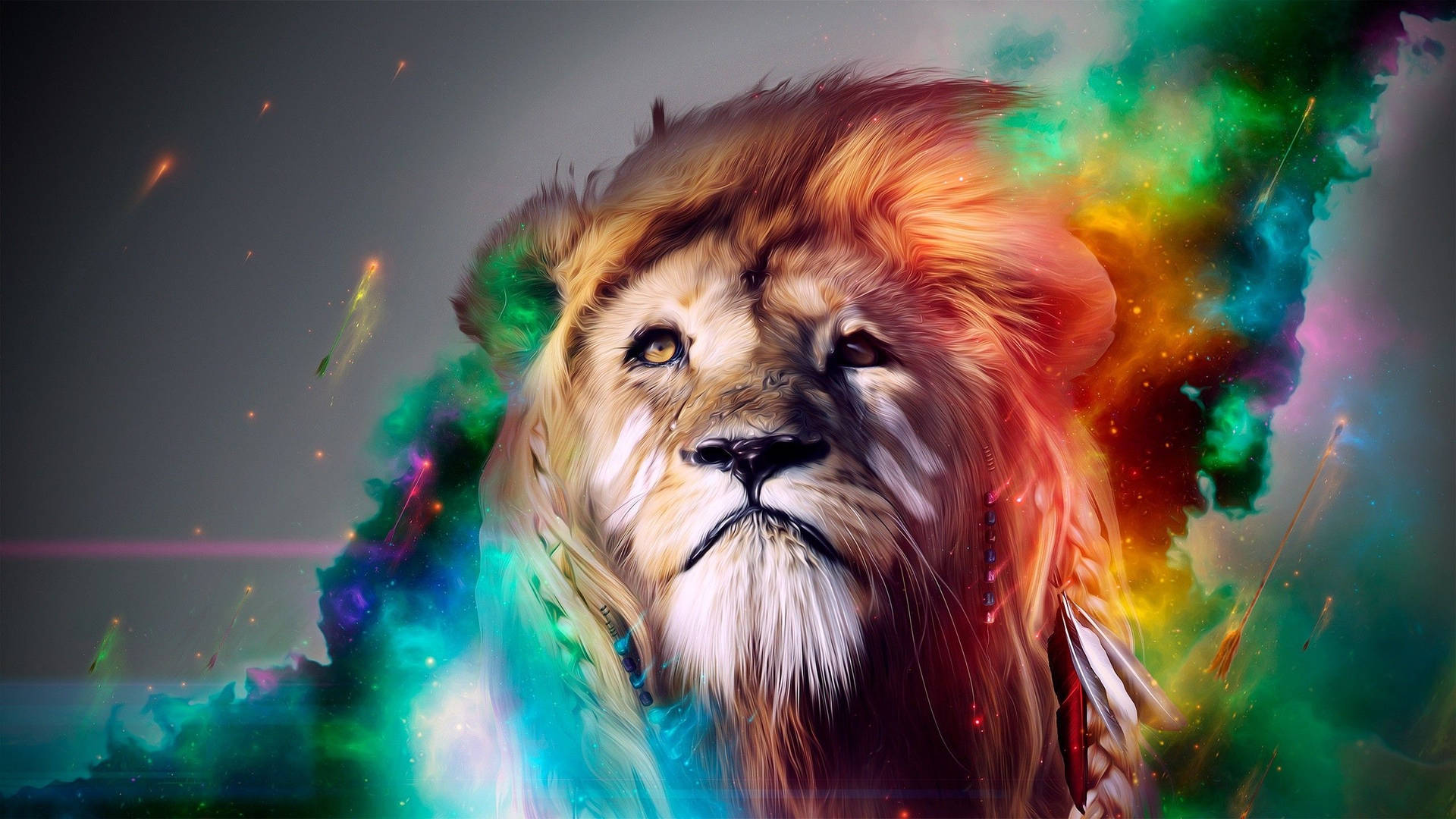 A majestic lion with a colorful mane, surrounded by a vibrant nebula, creating a stunning and surreal visual