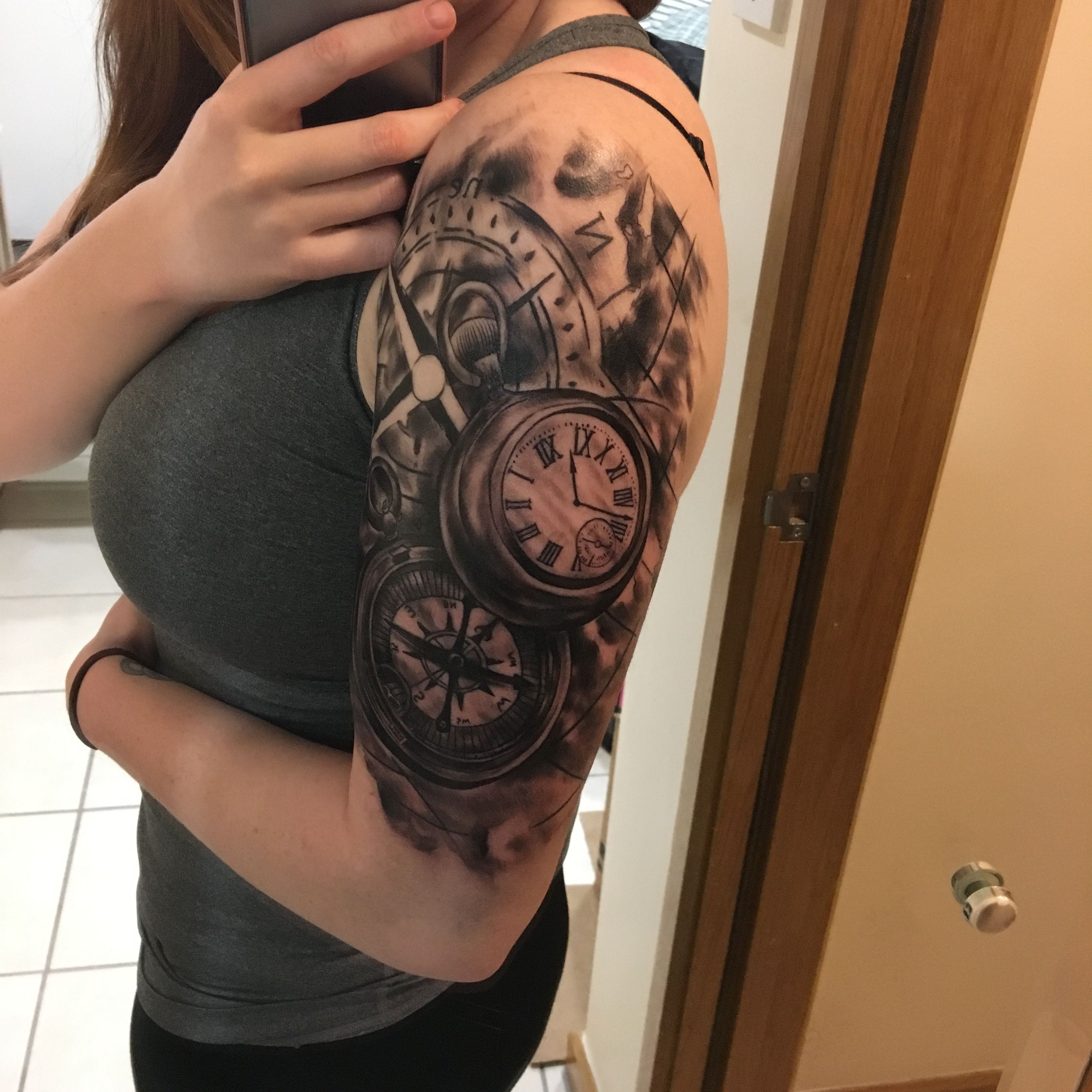 Black And White Tattoo Half Sleeve With Pass Clock Map
