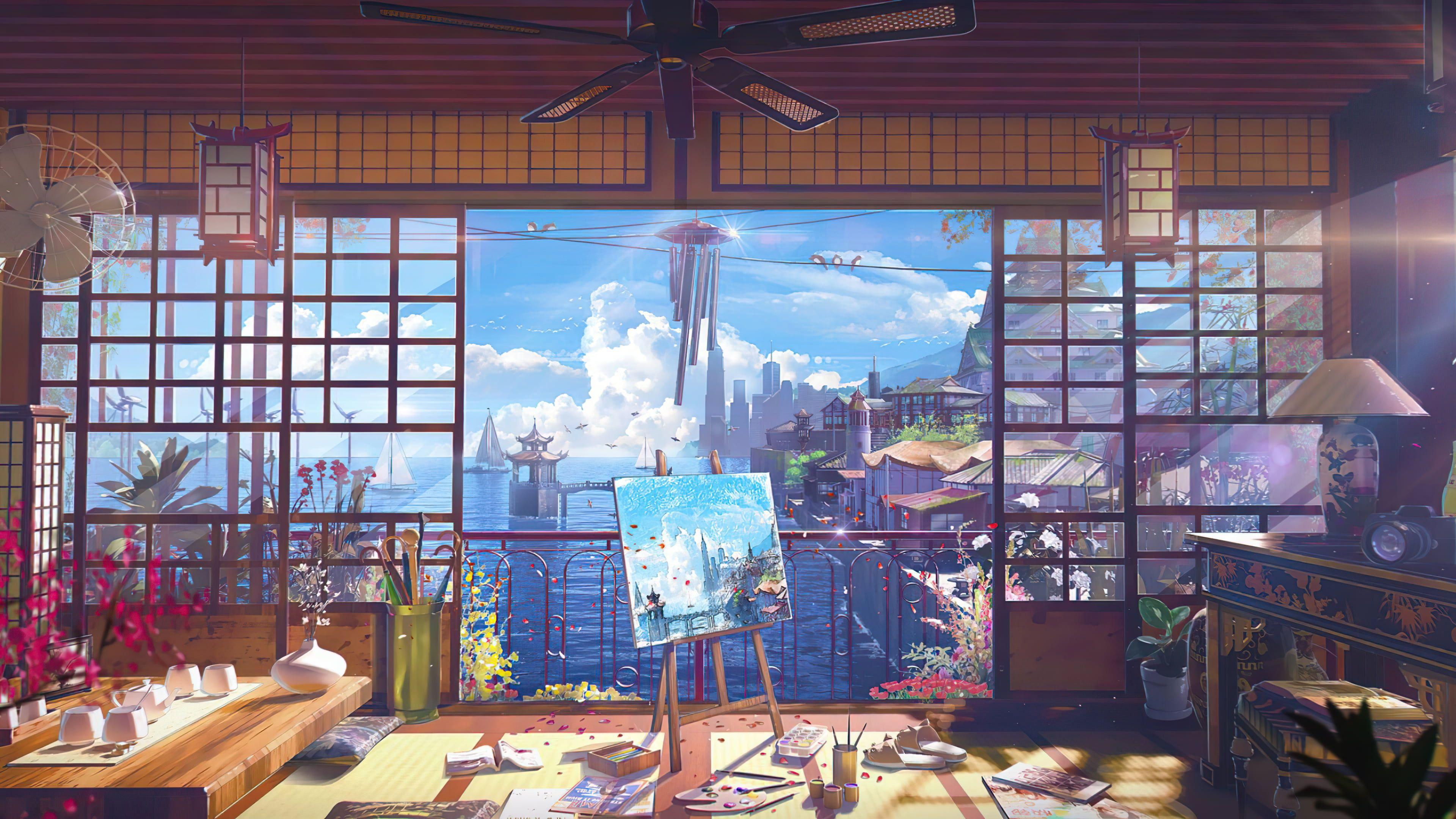 ocean view room digital art anime painting clutter Japanese