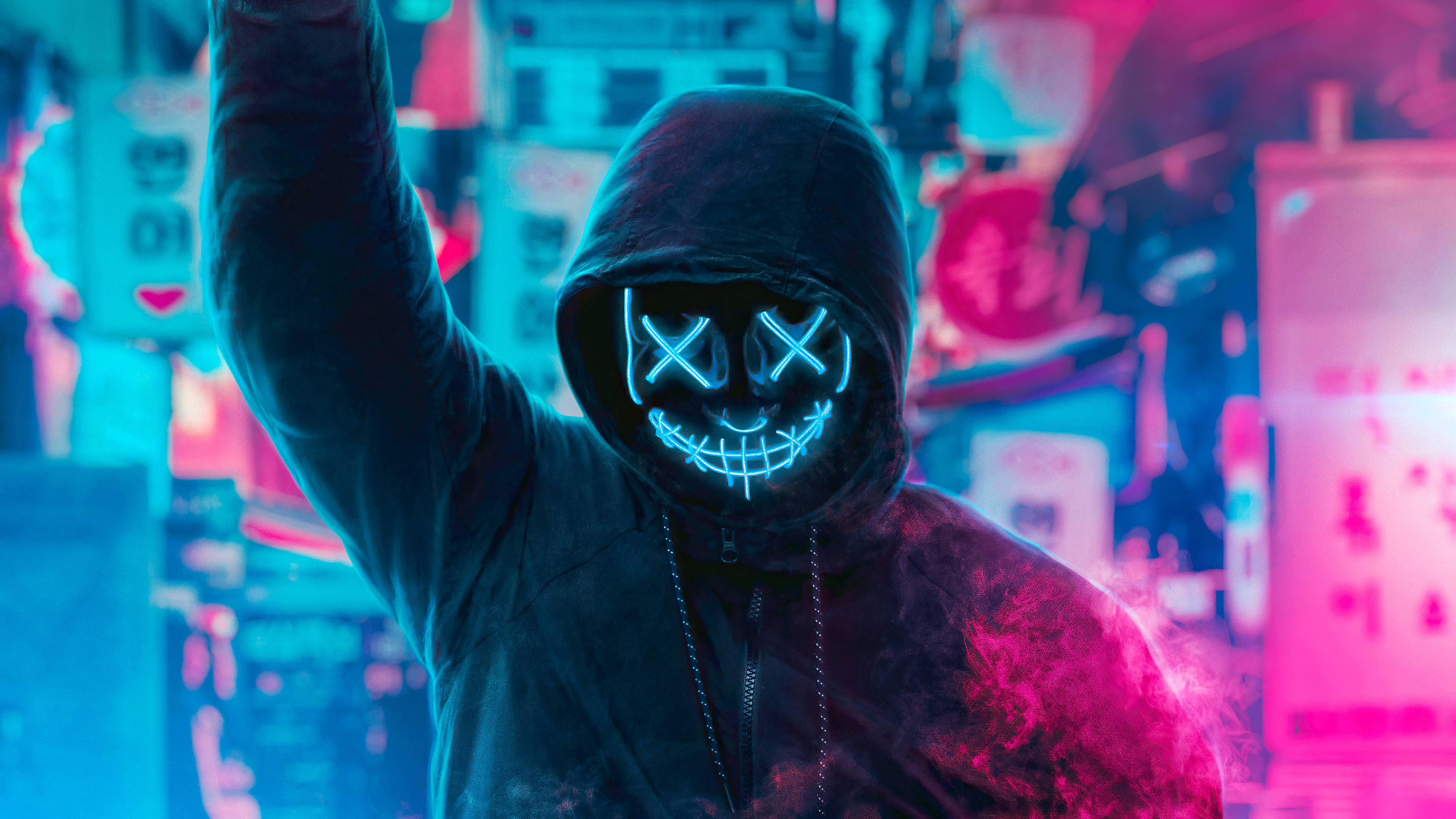 Wallpaper 4k Mask Guy Neon Man With Smoke Bomb