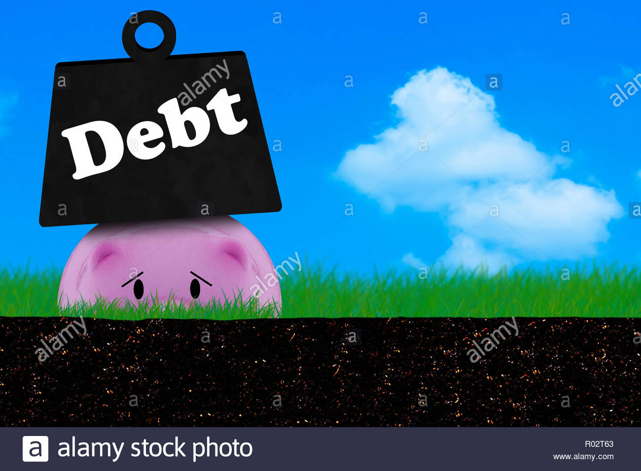 Debt Concept Financial Crisis Piggy Bank On Blue Sky Background