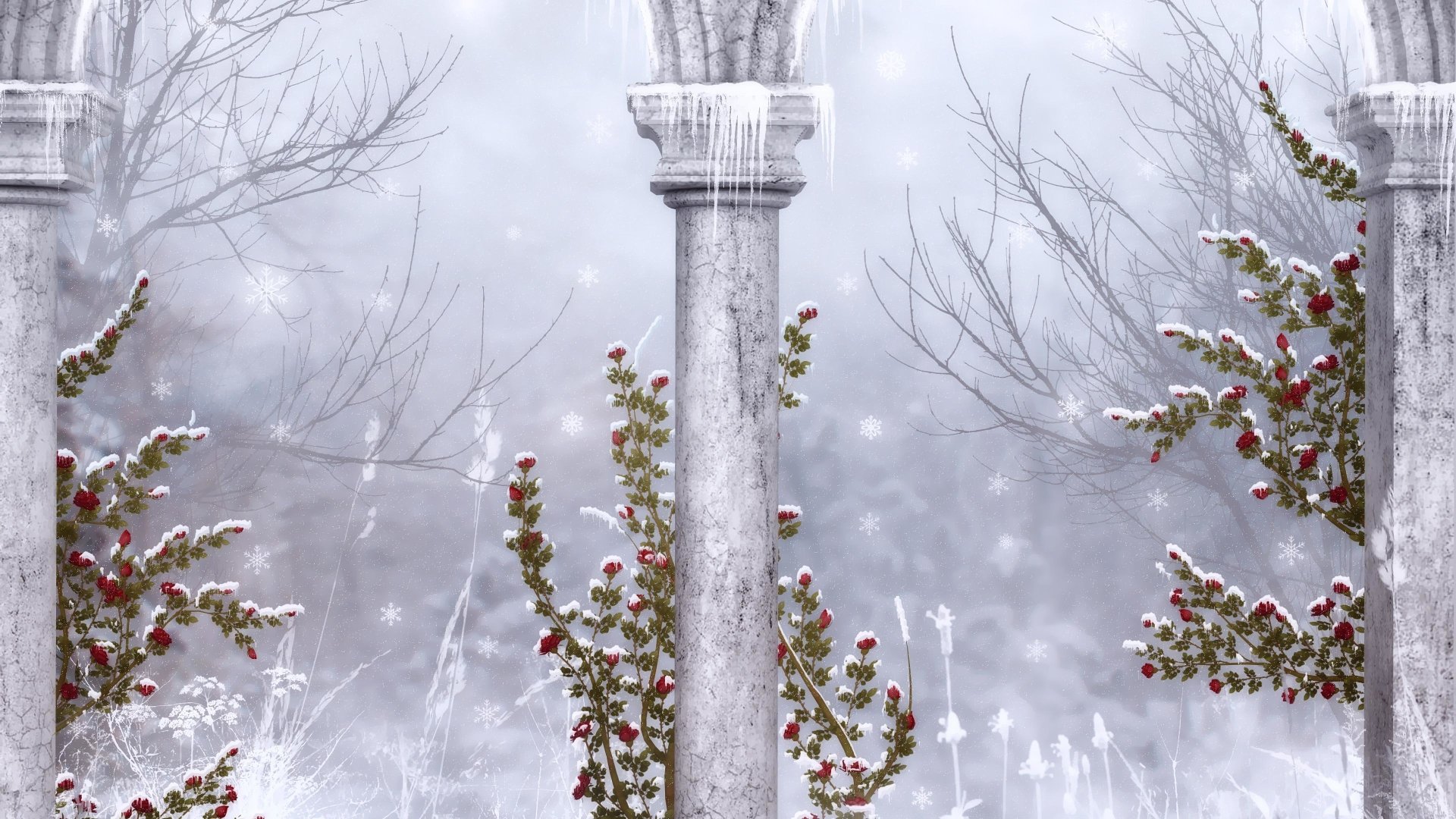 Winter Columns And Flowers 4k Ultra HD Wallpaper