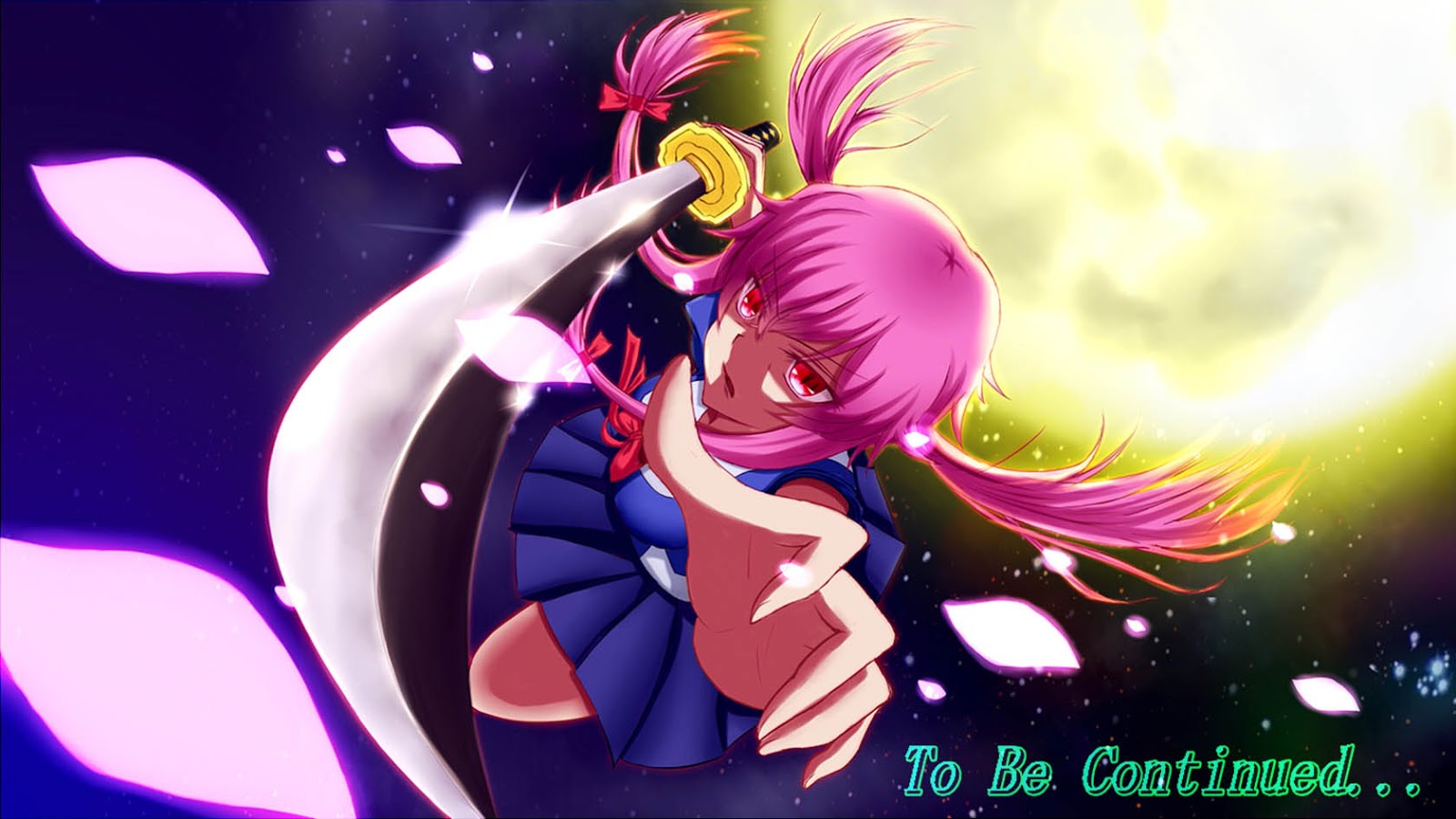 Gasai Future Diary Anime Girl Katana Pink Hair Red Eye Full Moon HD