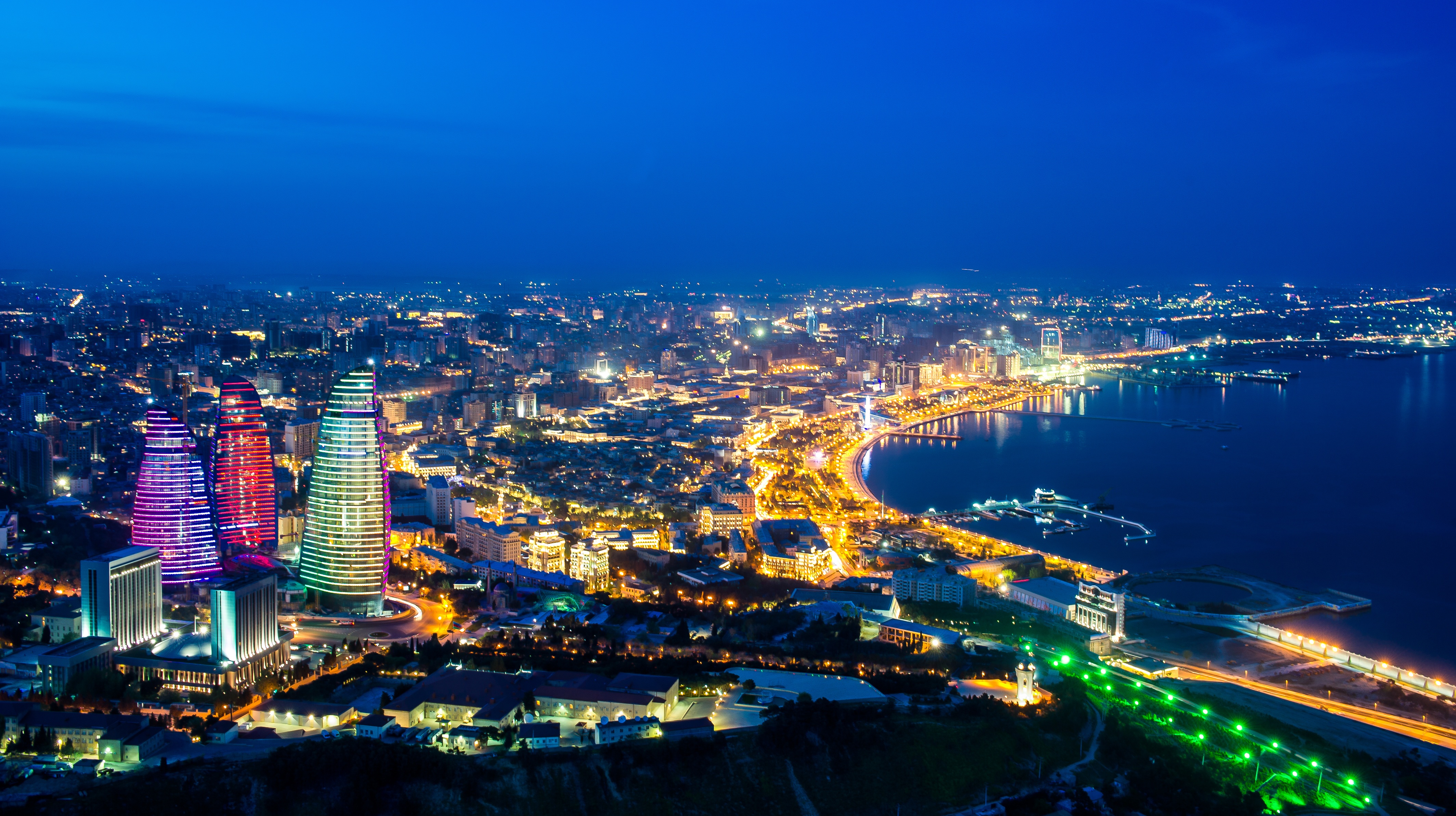 Baku Azerbaijan Night Flame Towers Panorama Wallpaper Resolution