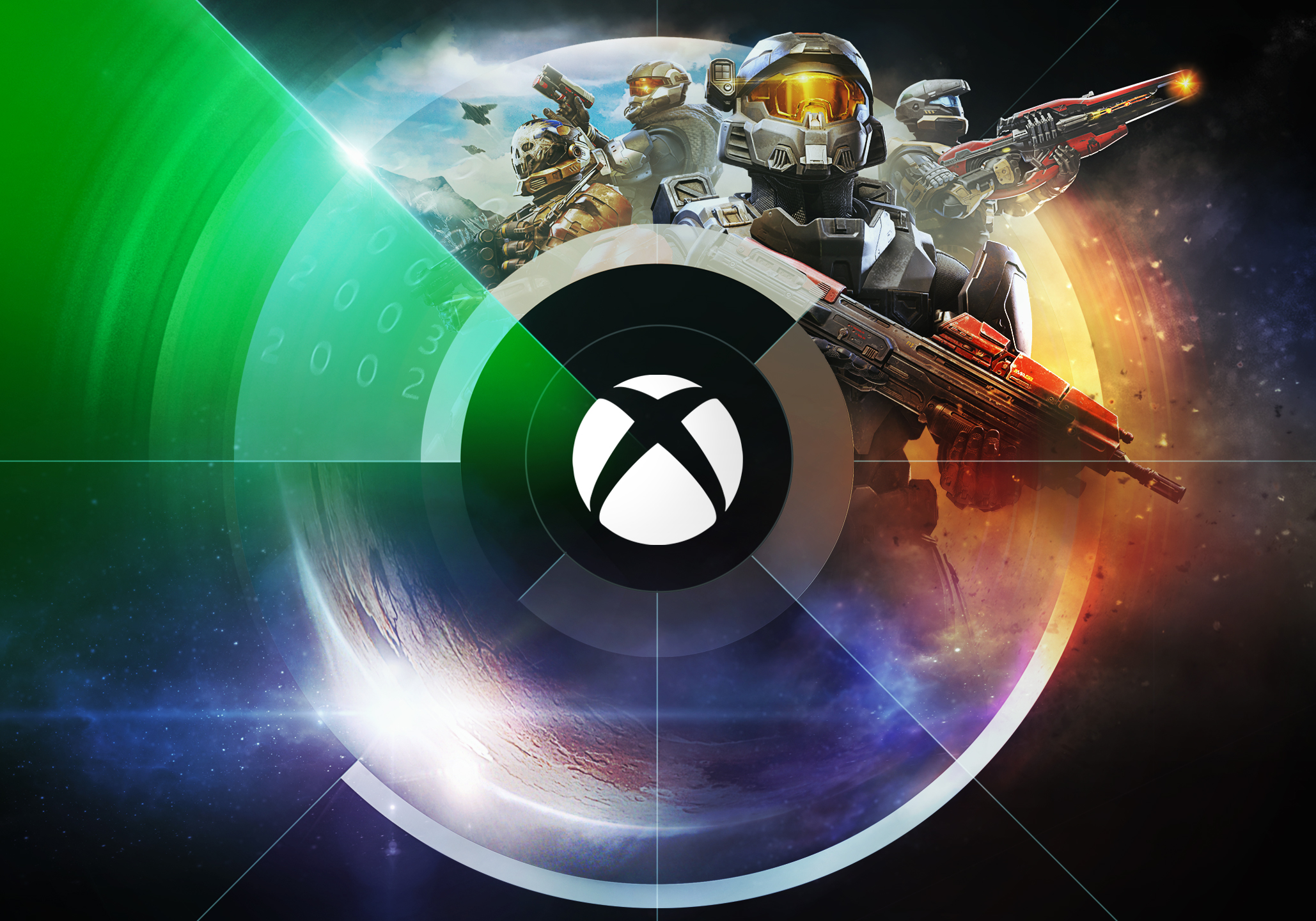 Xbox-themed wallpaper featuring Halo characters, a planet, and the Xbox logo
