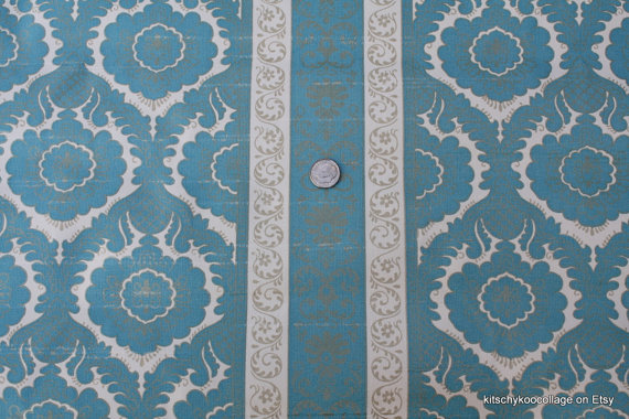 S Vintage Wallpaper Blue Gold And White Fabric Backed Vinyl