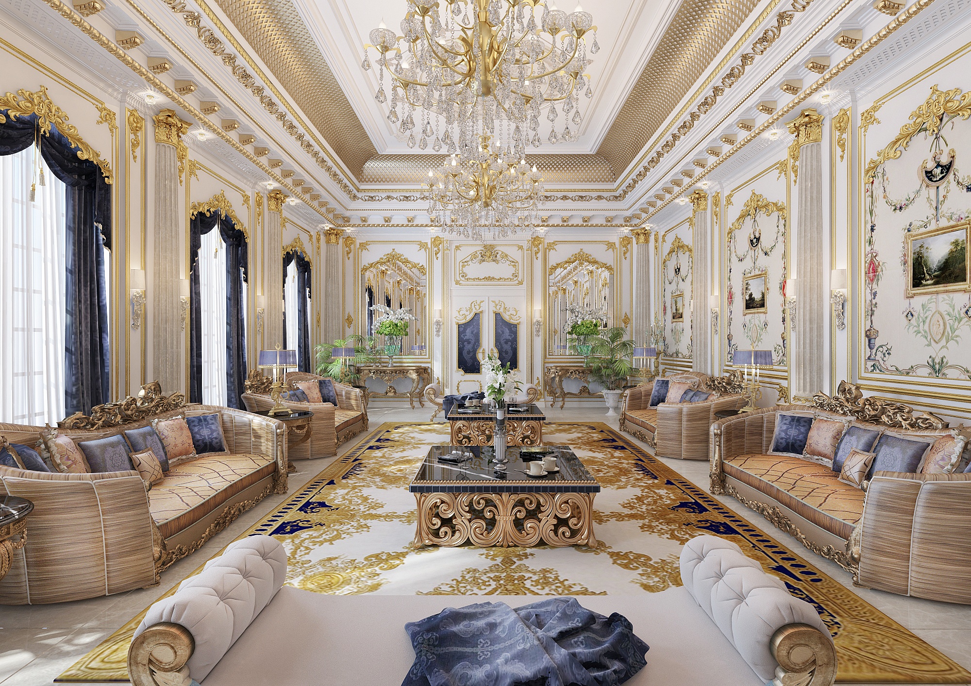 Luxurious Chandelier Living Room HD Wallpaper