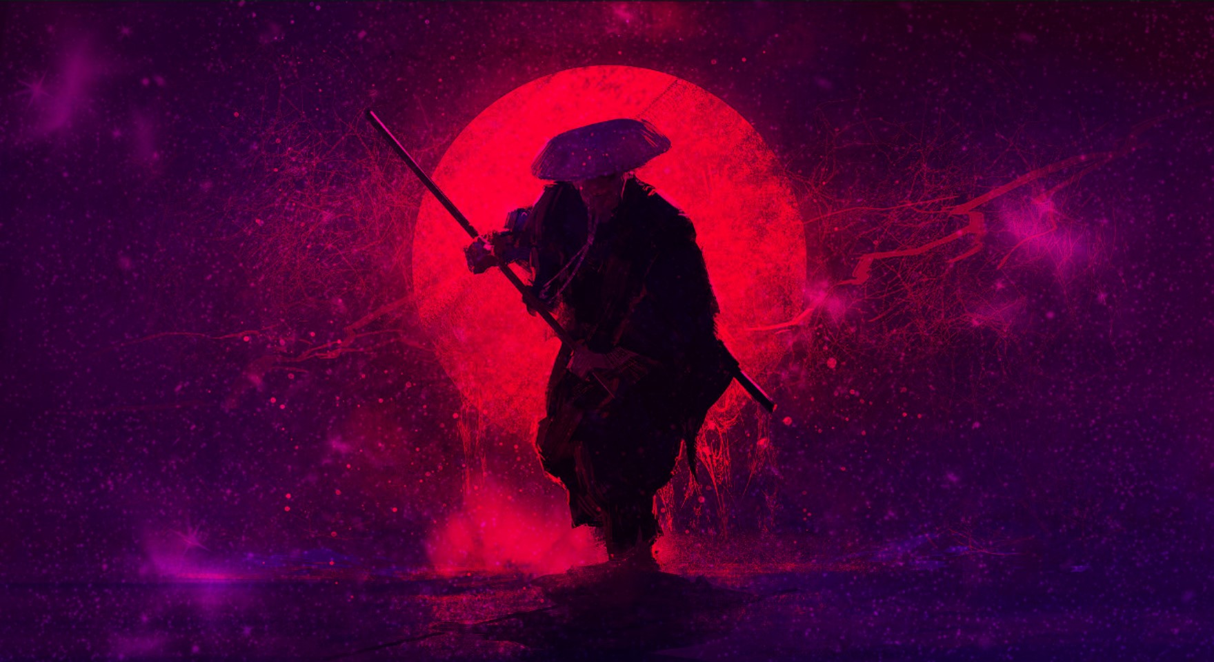 A samurai silhouette against a vibrant red moon, wielding a staff, amidst a cosmic, purple nebula