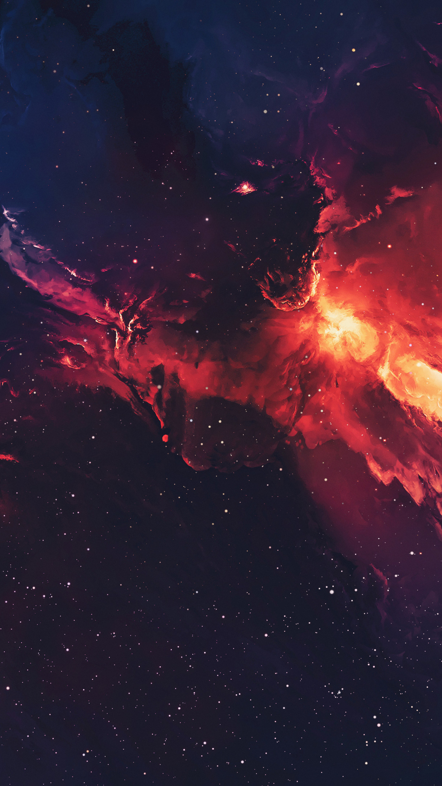 A breathtaking iPhone wallpaper showcasing a vibrant nebula in the vast universe, filled with swirling red and orange cosmic clouds and countless twinkling stars. Perfect for adding a touch of cosmic wonder to your device
