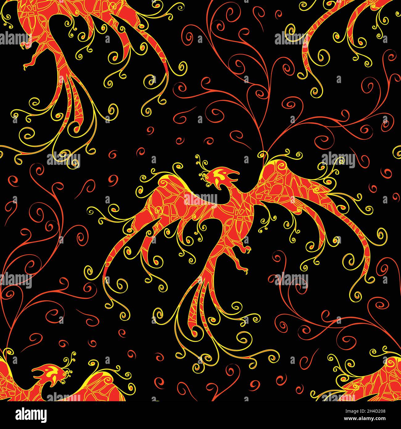 Seamless Vector Pattern With Phoenix Fire On Black Background