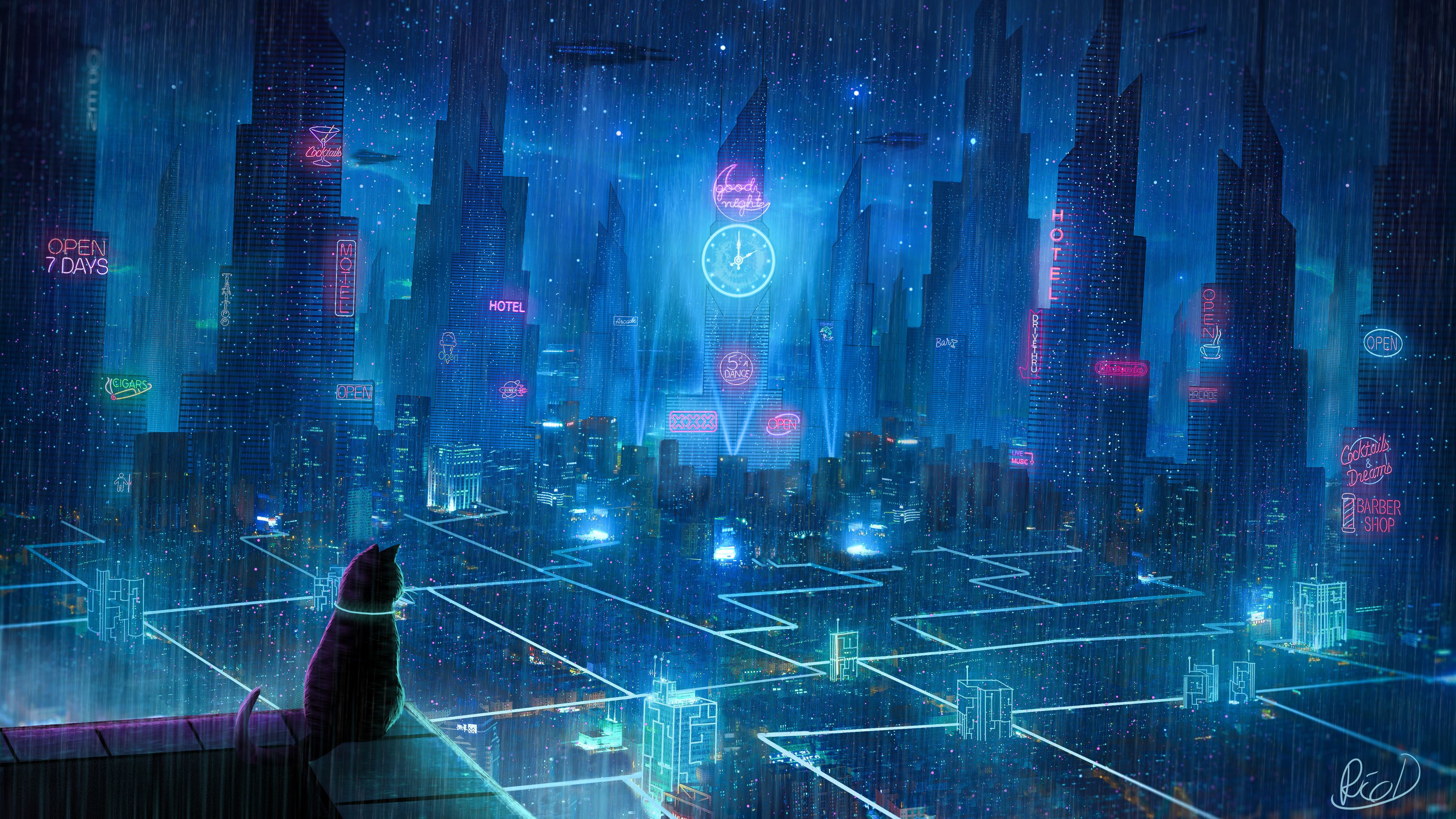 Cat Rain Dream Cyberpunk City 4k Wallpaper HD