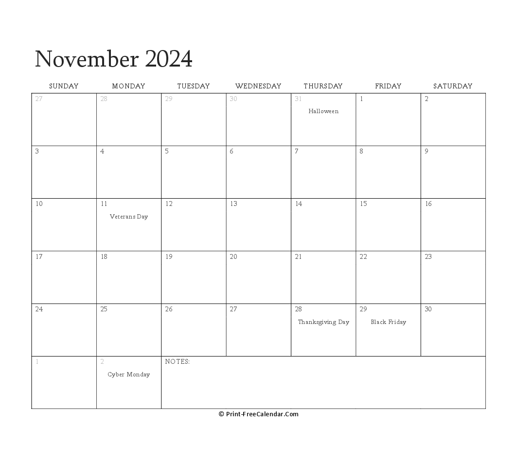 A simple and clean November 2024 calendar wallpaper with marked holidays and observances