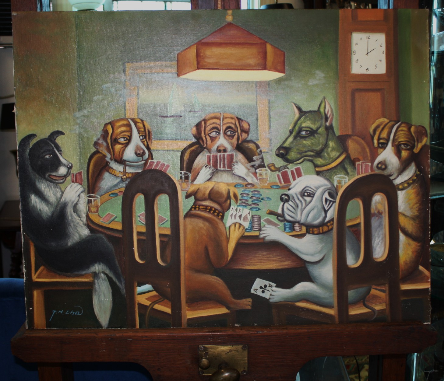 Original Oil Painting Of A Familiar Theme Dogs Playing Poker For
