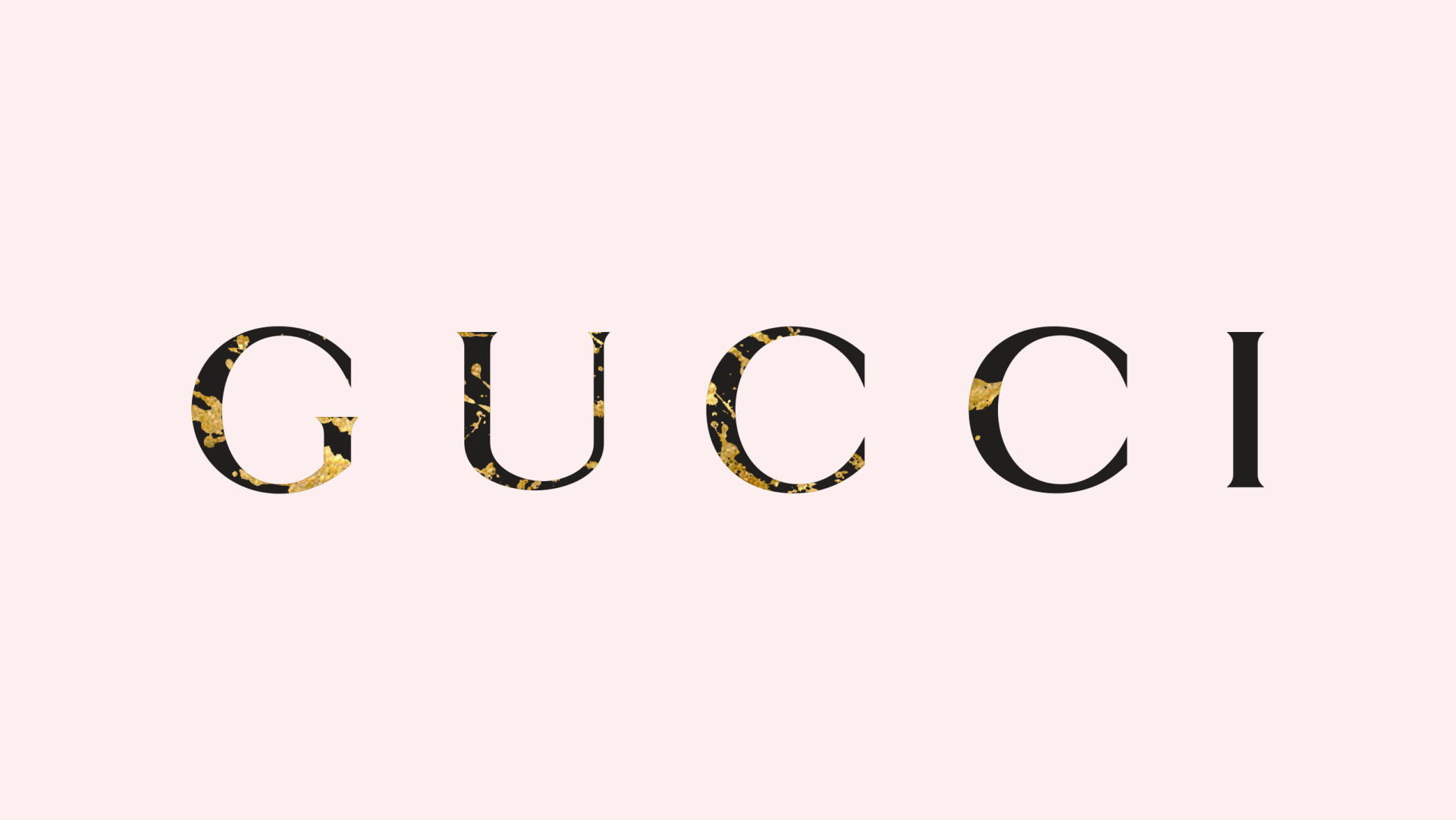 Gucci logo with gold splatter on a pink background