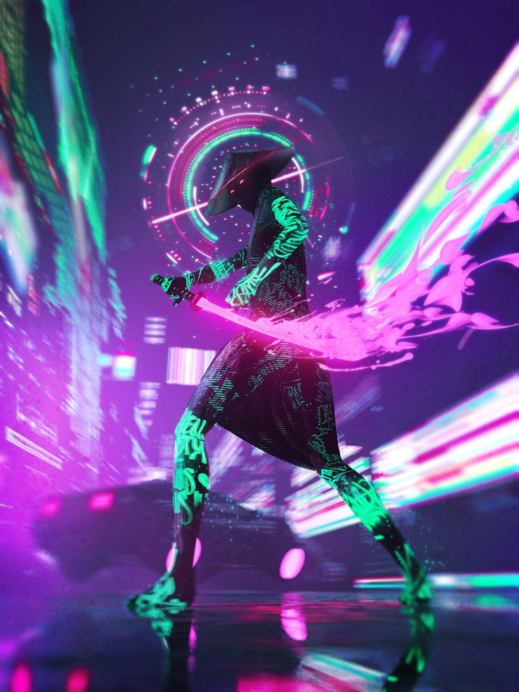 Vertical Neon Cyberpunk Futuristic Samurai Cinema 4d
