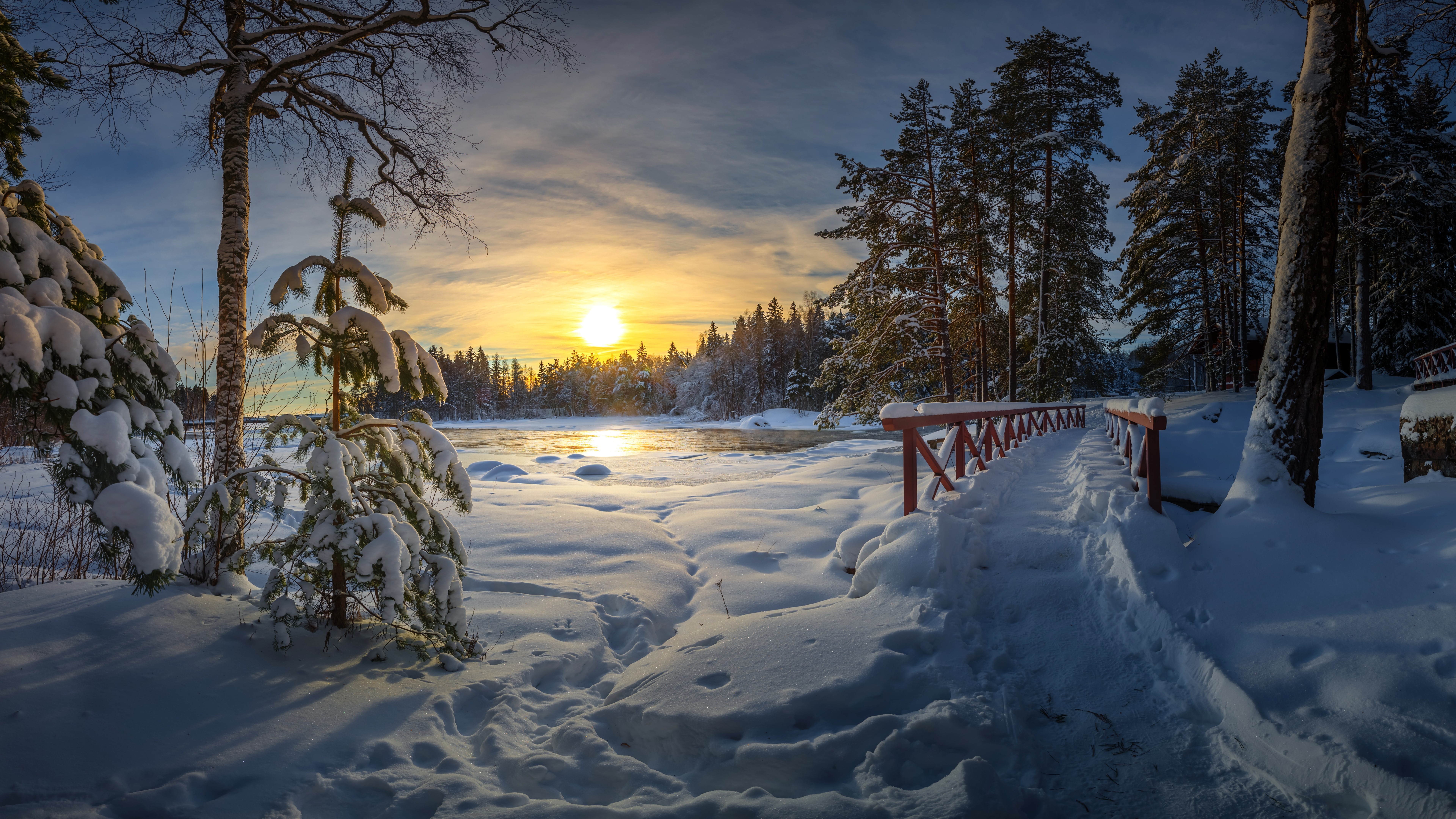 Wallpaper Winter Thick Snow Bridge Lake Trees Sunset