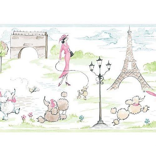 Paris Art Pink French Poodle And Eiffel Tower Wallpaper Border