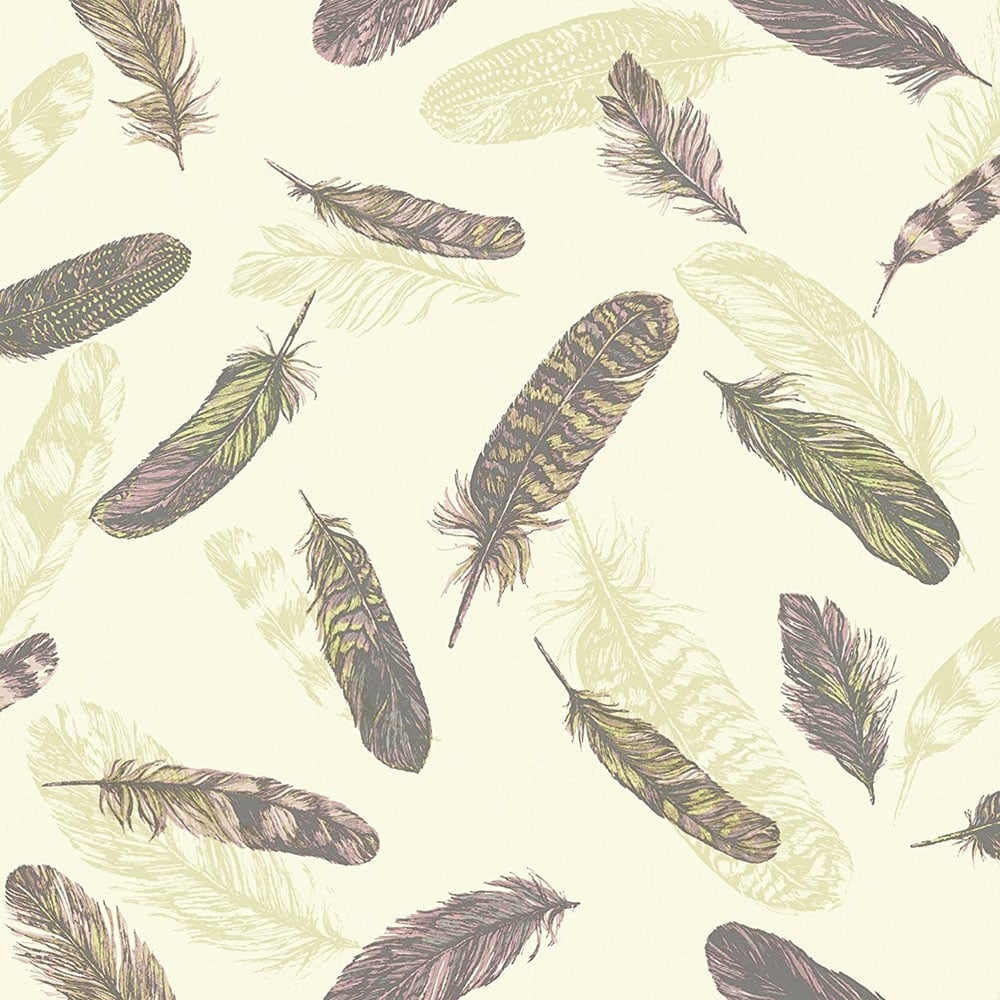 Arthouse Vintage Plume Feather Wallpaper Pink Green