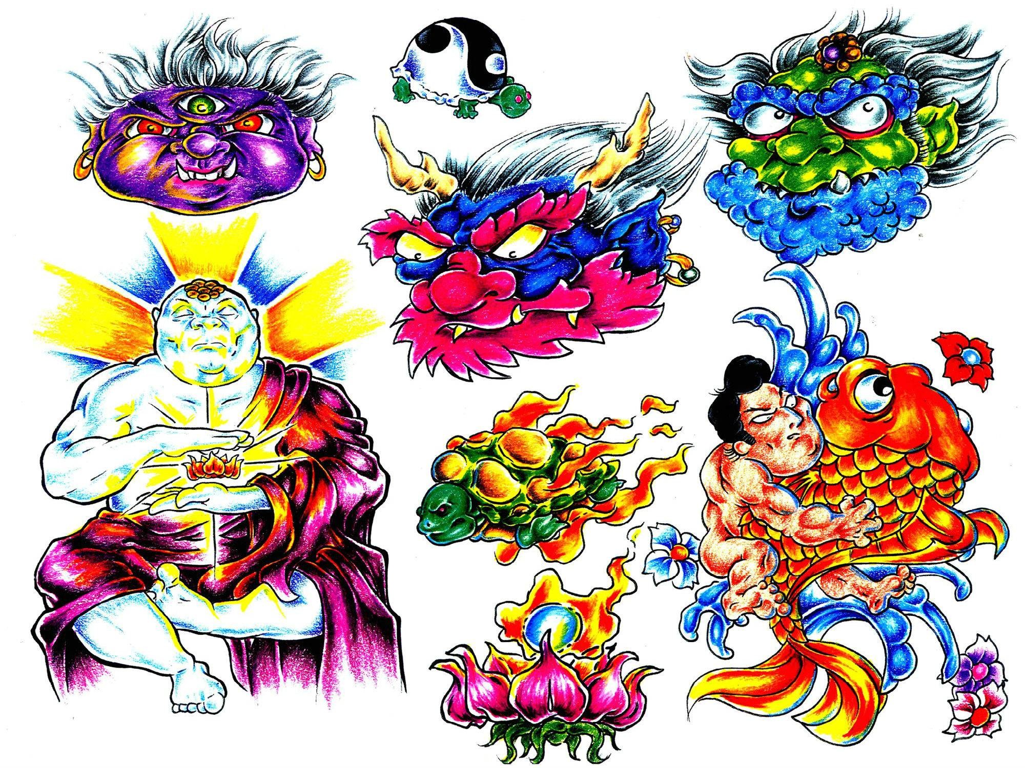 A collection of vibrant and detailed tattoo designs featuring Japanese-inspired elements such as a meditating Buddha, a fierce oni mask, a kappa, a koi fish, and other mythical creatures