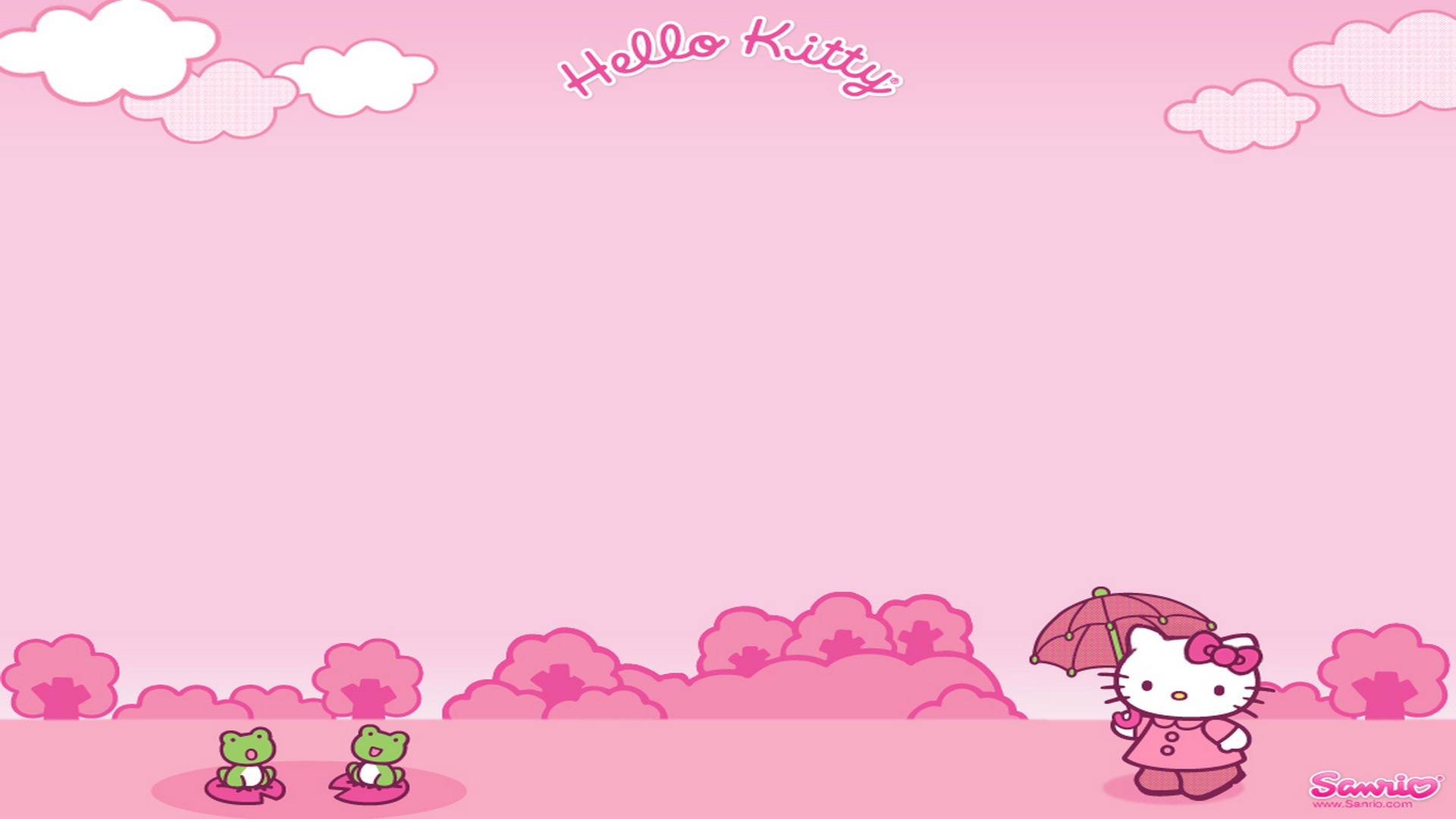 Hello Kitty in a pink world with frogs and flowers