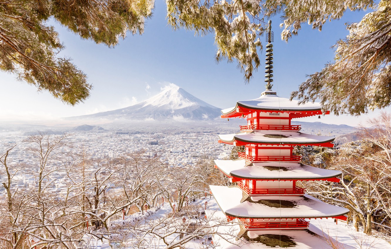 Wallpaper winter mountain Japan pagoda Fuji images for desktop 1332x850