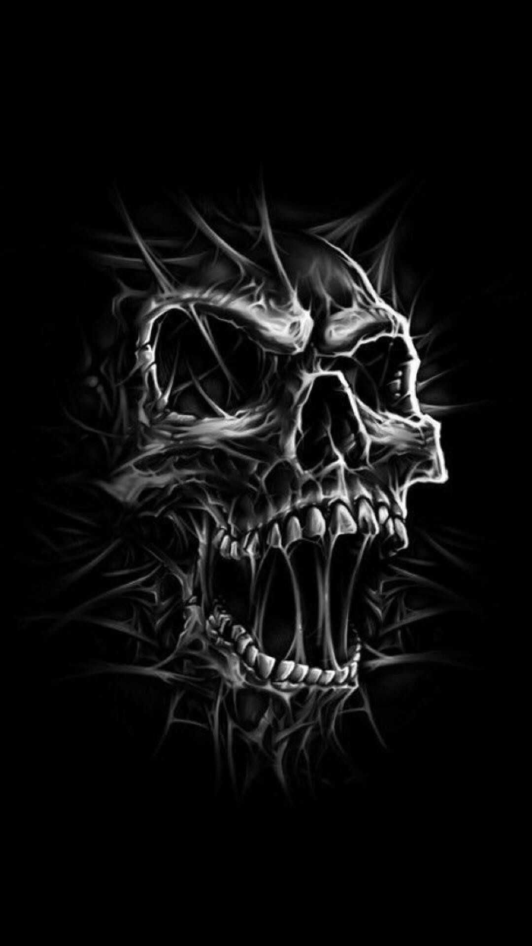 A striking grayscale illustration of a screaming skull, enmeshed in dark, abstract tendrils. Ideal for fans of dark fantasy or gothic art