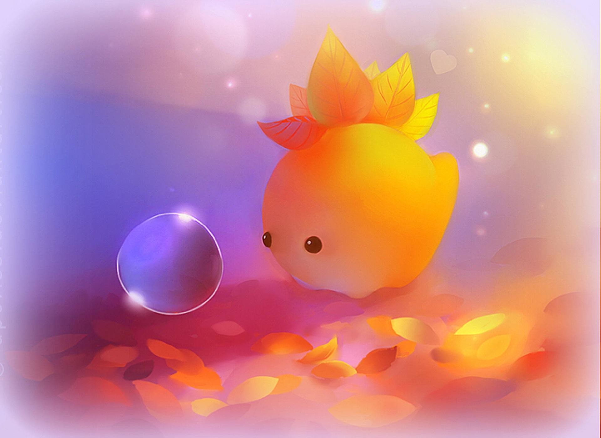 An adorable, whimsical creature with leaf-like appendages gazes curiously at a glowing orb in a dreamy autumnal scene. Perfect for a cute laptop wallpaper