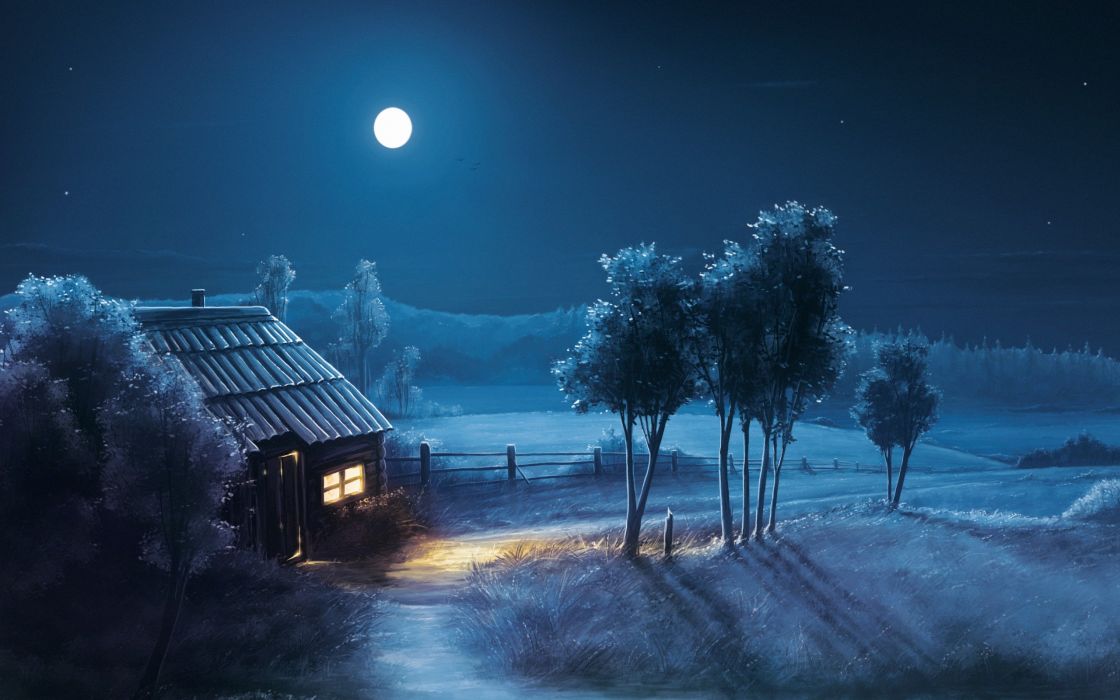 Fantasy Night House Moon Blue Wallpaper