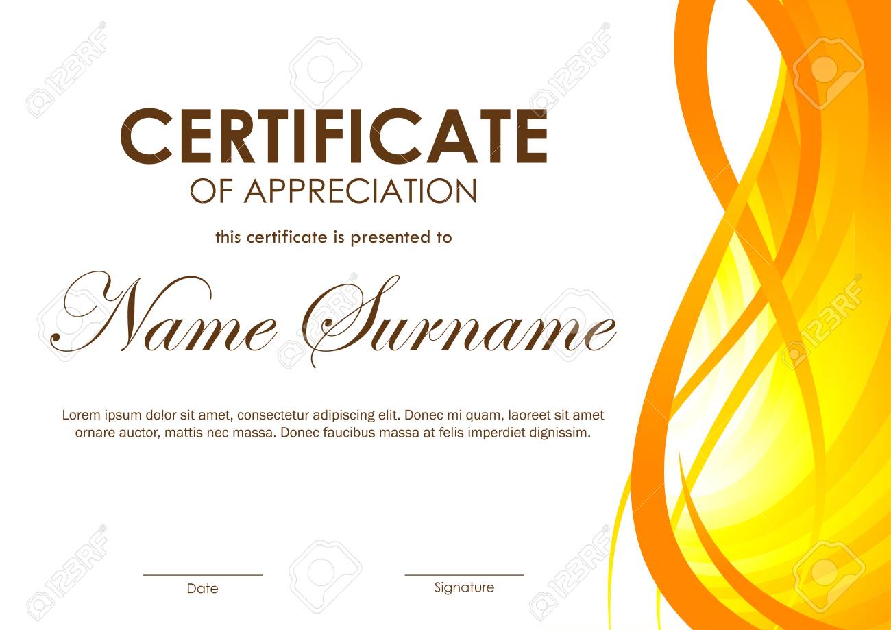Certificate Of Appreciation Template With Orange Dynamic Bright