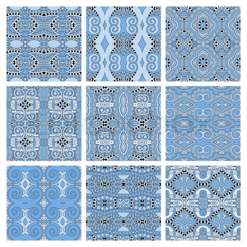 Geometric Patterns Wallpaper Blue Set Of Different Seamless