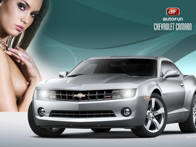 Wallpapers Chevrolet Camaro and sexy brunette photo pictures