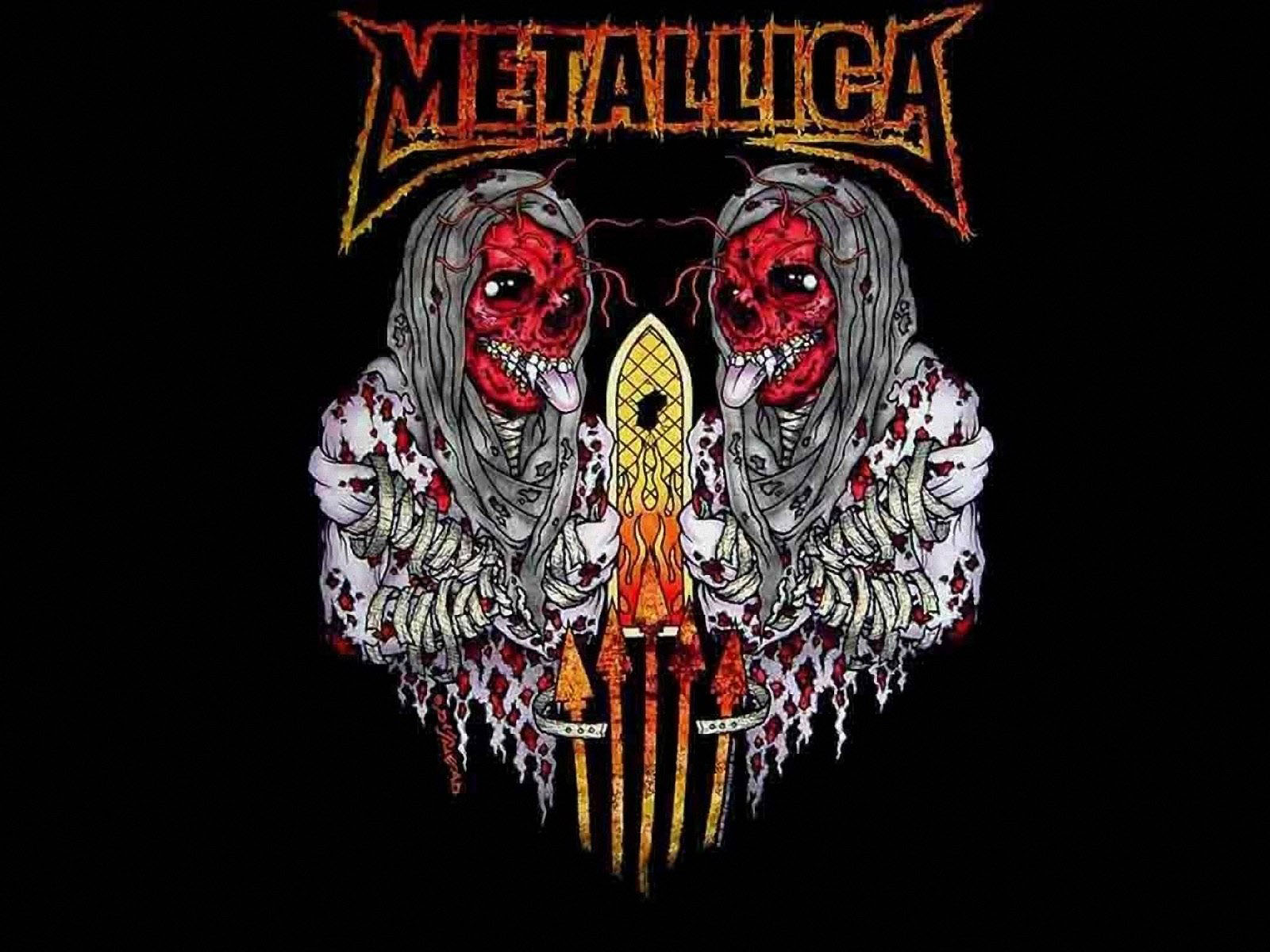 A chilling illustration of two mummified figures with exposed skulls and tongues out, set against a backdrop of the Metallica logo. The figures are wrapped in tattered cloth, adding to the macabre aesthetic