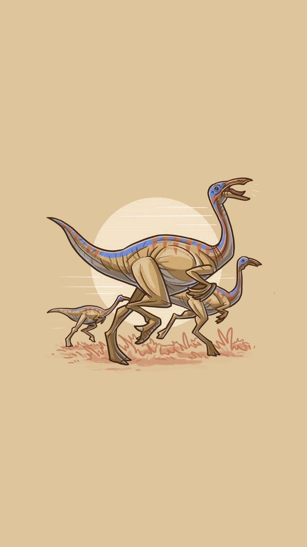 A charming illustration of a family of Ornithomimus dinosaurs running across a prehistoric landscape. The largest dinosaur leads the way, followed by a smaller juvenile, showcasing the animals' slender build, long legs, and bird-like features