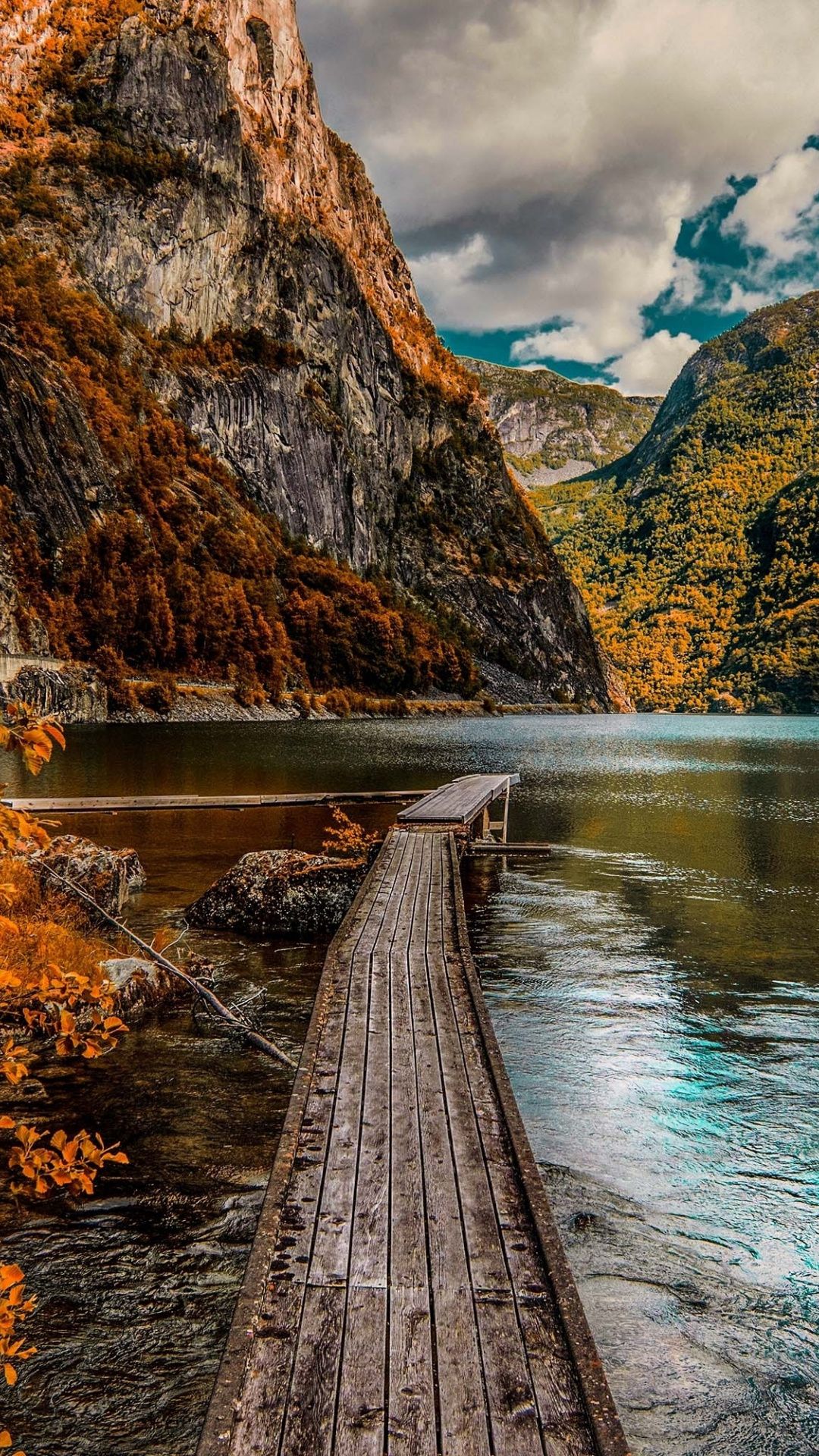 Autumn Wooden Dock Lake Forest Wallpaper iPhone