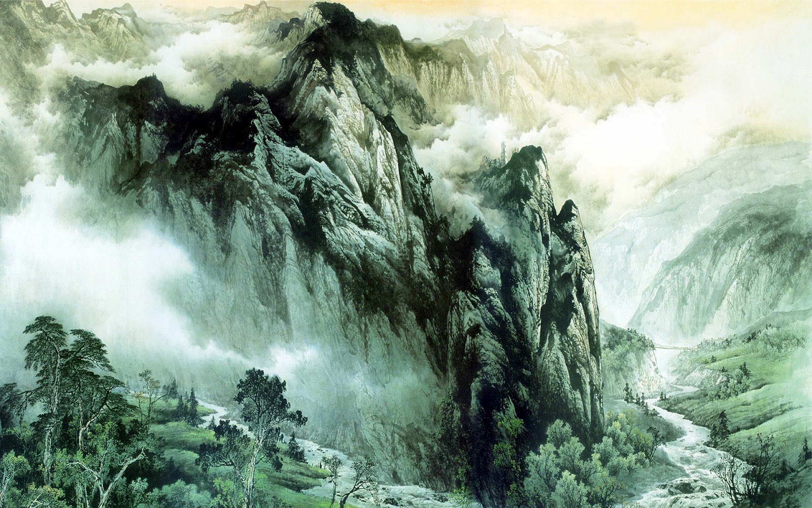 Asian Mountainous Landscape Painting Wallpaper