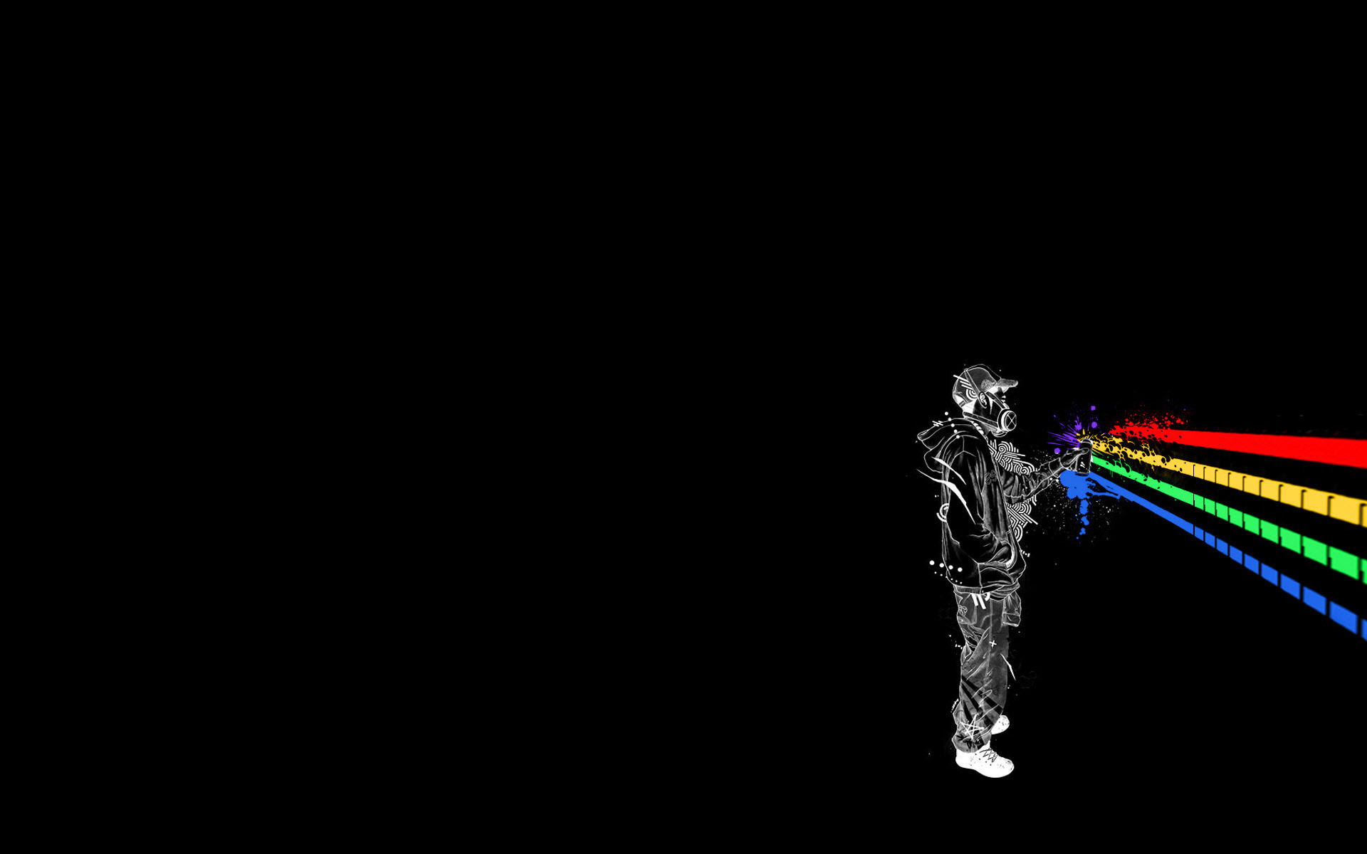 A cool dark wallpaper featuring a graffiti artist spray painting a vibrant rainbow streak against a black background
